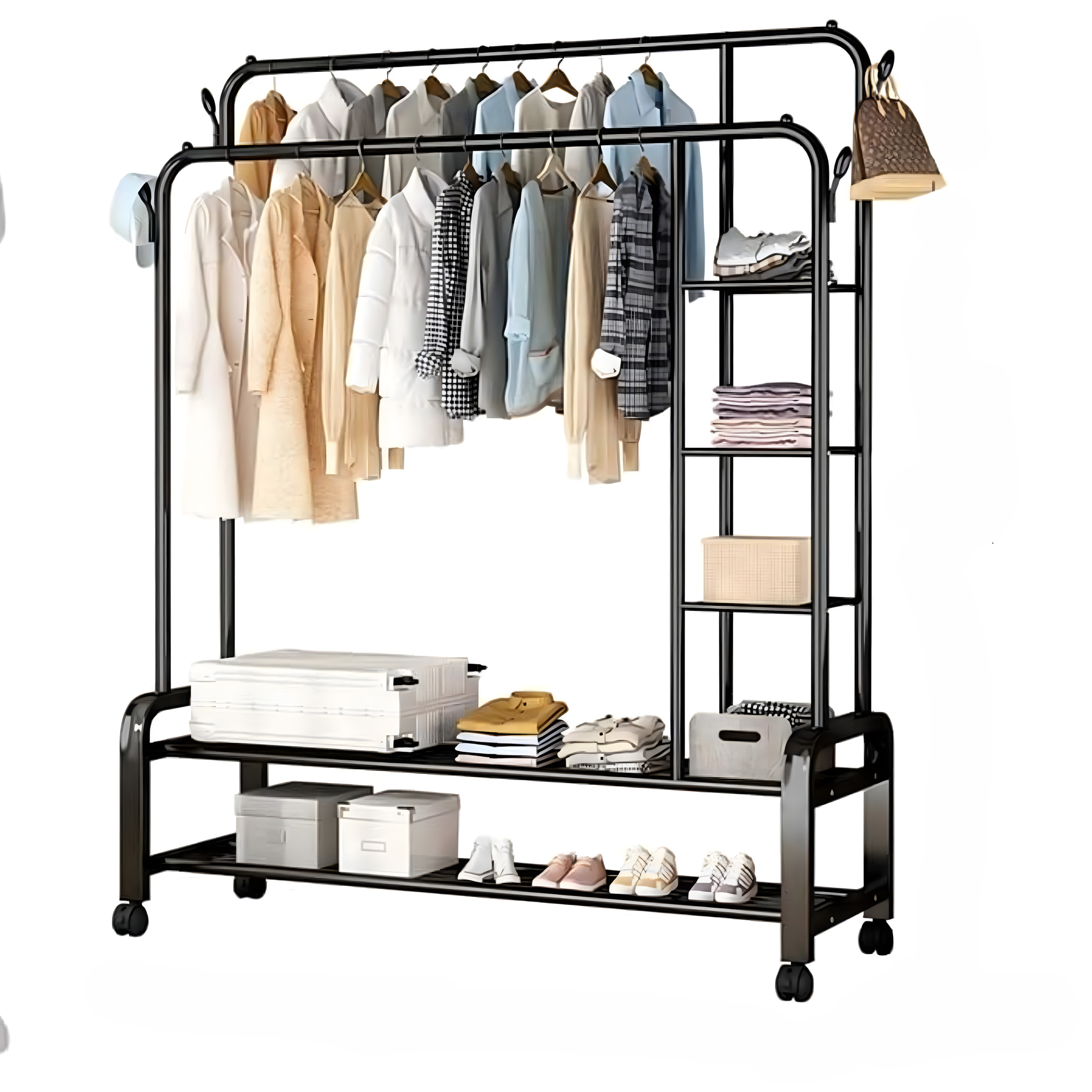 Wieszak Podwójny Wielofunkcyjny Wolnostojący na Ubrania Buty z Kółkami - obrazek 9