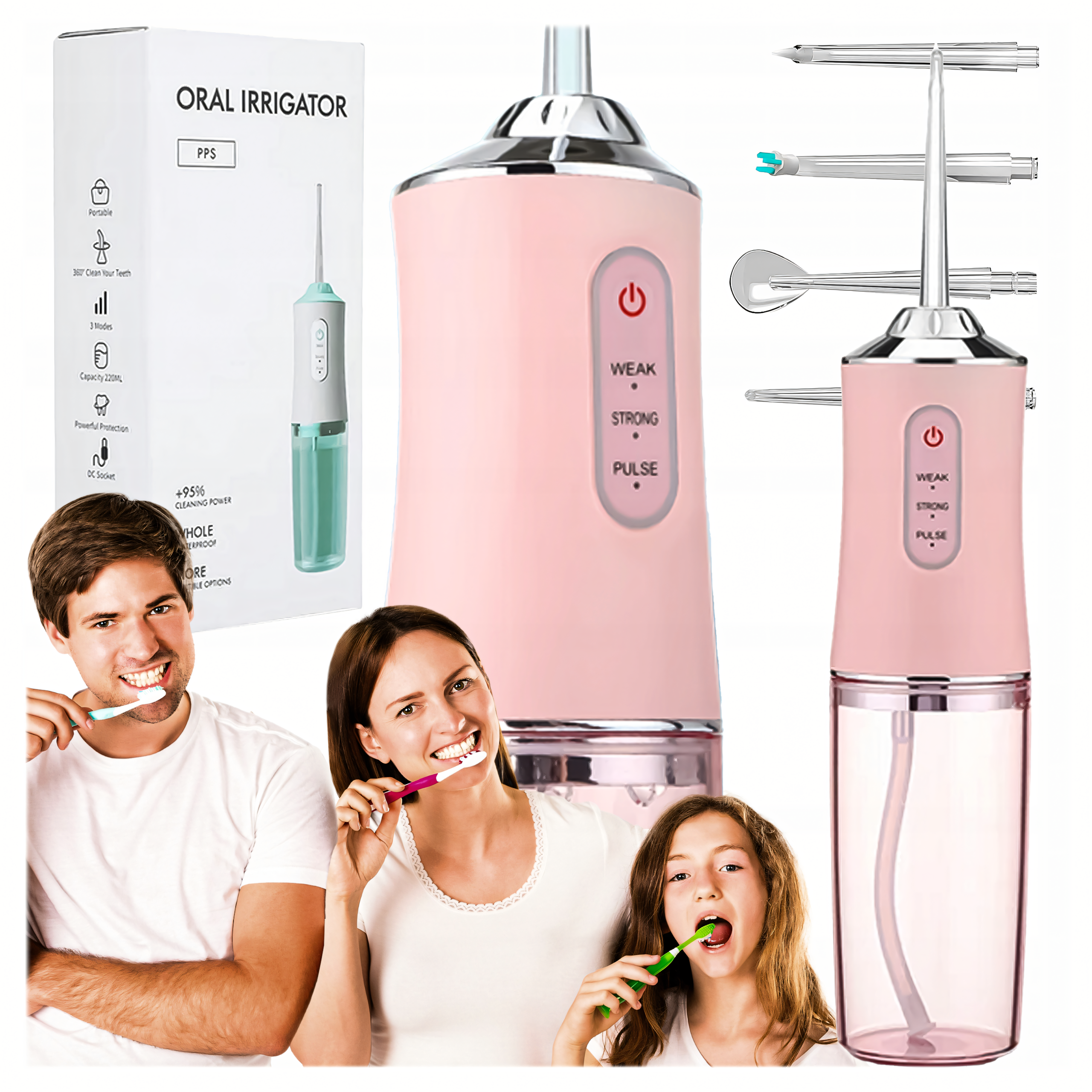 Irygator do Zębów Bezprzewodowy Dentystyczny Mocny 4 Dysze 3 Tryby 220 ml - obrazek 7