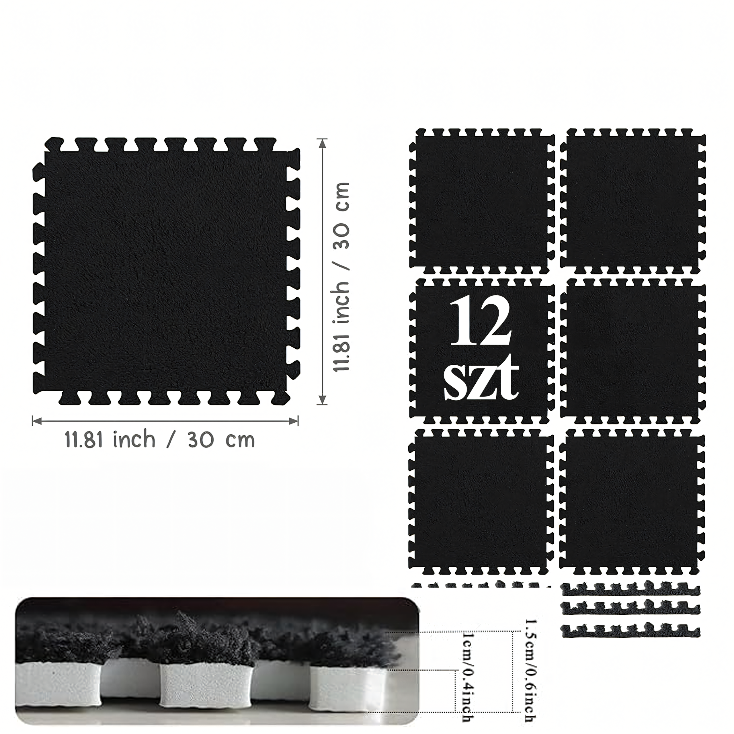12x Puzzle Piankowe EVA Mata Pluszowa Dywan Podłogowa Czarne 30x30cm - obrazek 6