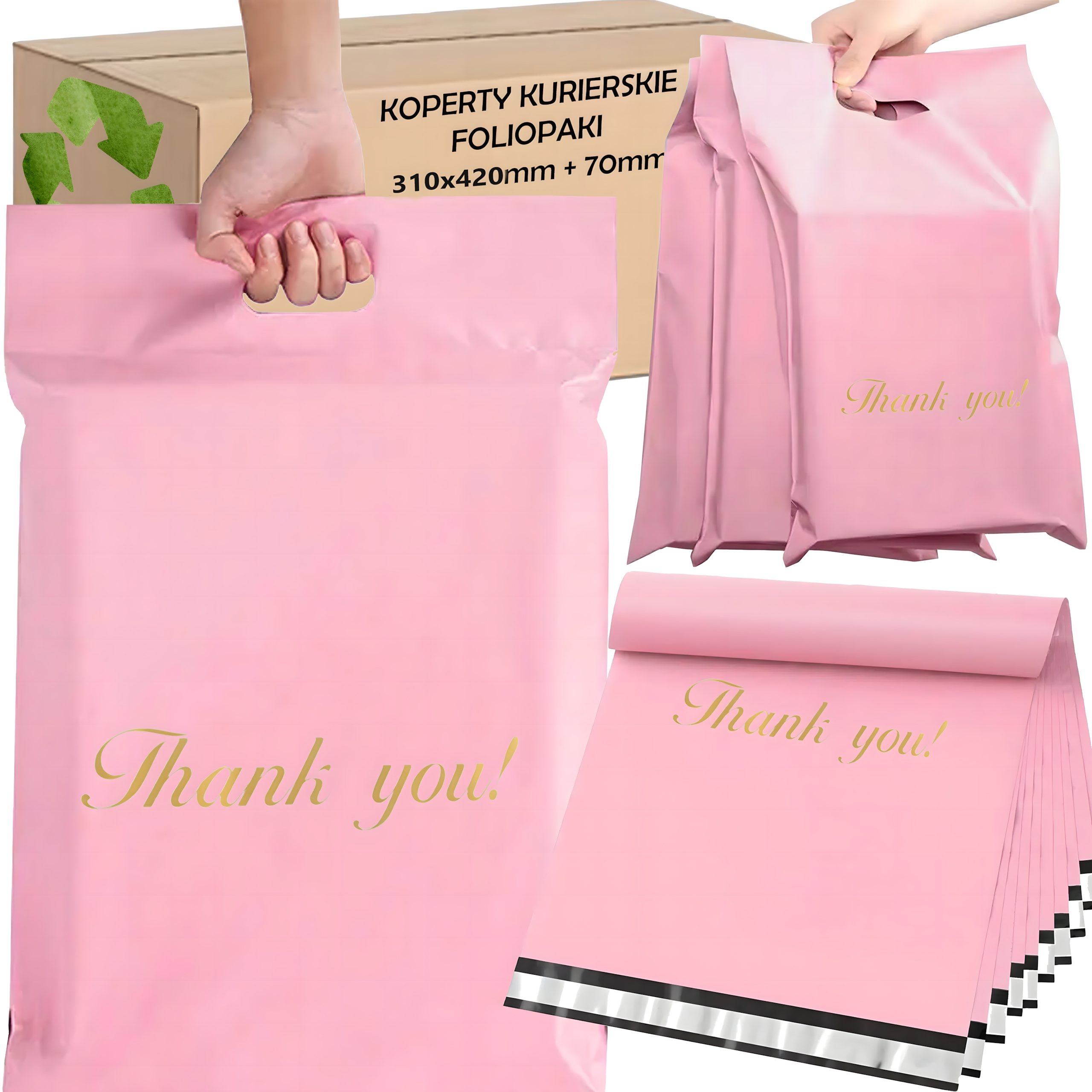 FOLIOPAKI KURIERSKIE Z RĄCZKĄ RÓŻOWE 310x420+70cm 50szt THANK YOU