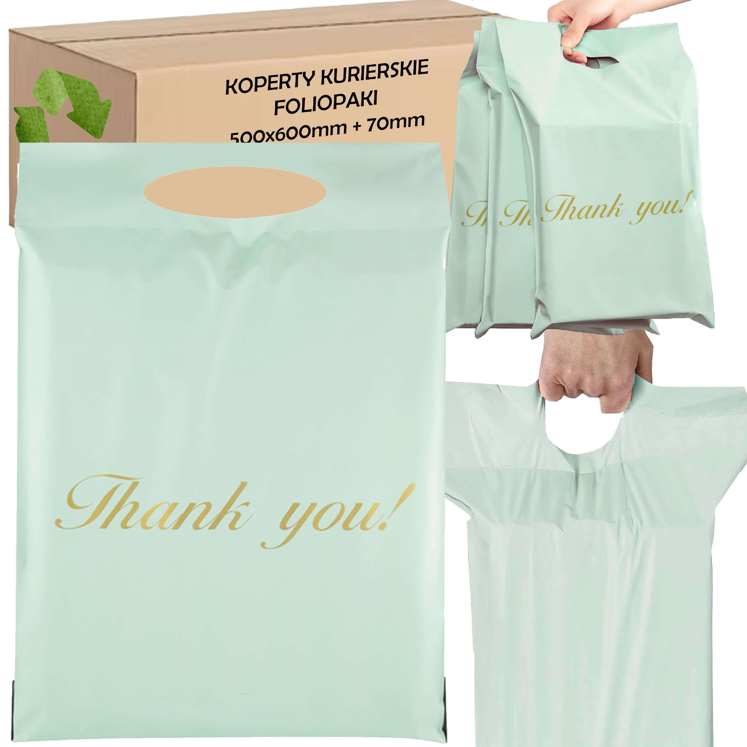 FOLIOPAKI KURIERSKIE MIĘTOWE Z RĄCZKĄ 500x600+70 50szt THANK YOU - obrazek 9