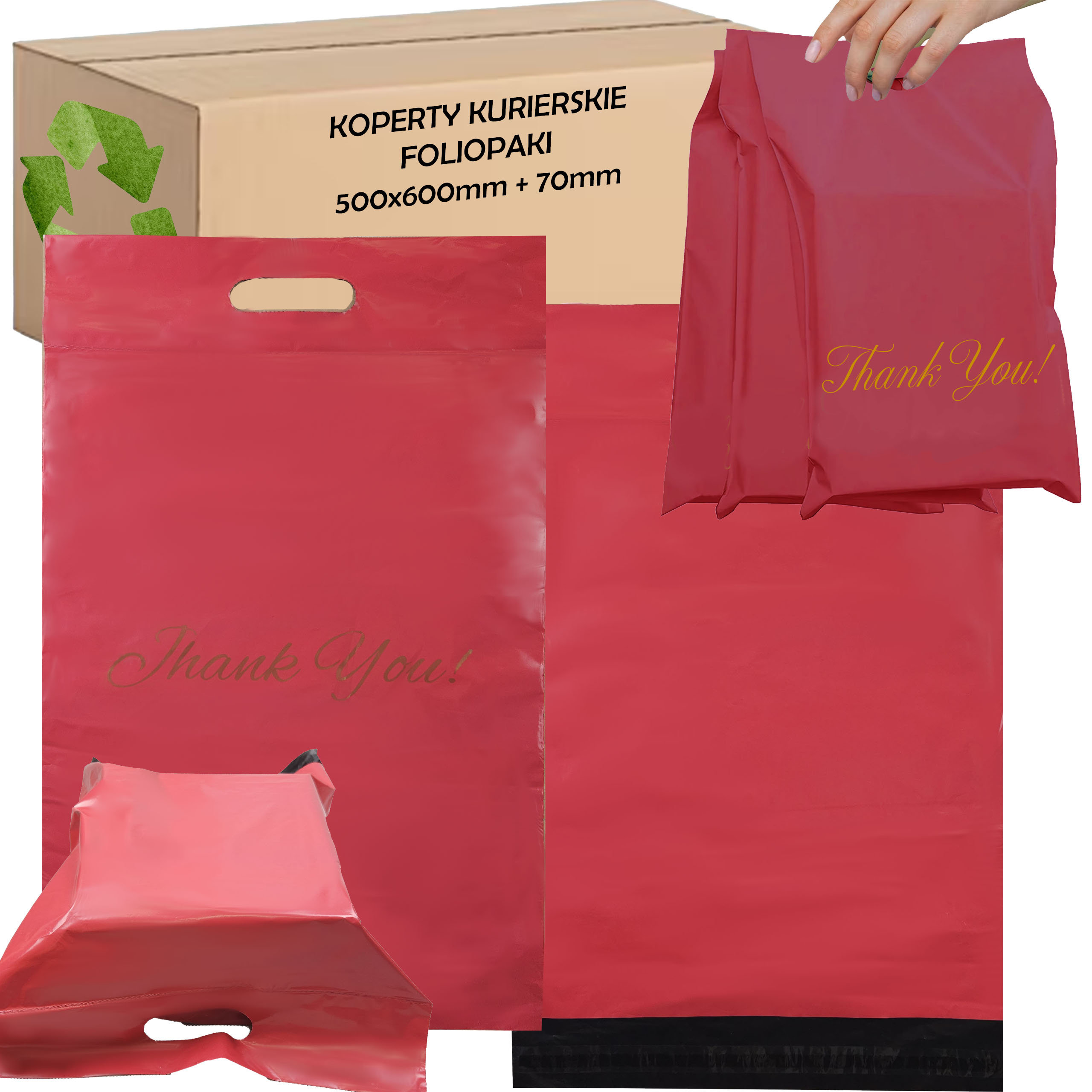 FOLIOPAKI KURIERSKIE CZERWONE Z RĄCZKĄ 500x600+70 50szt THANK YOU - obrazek 7