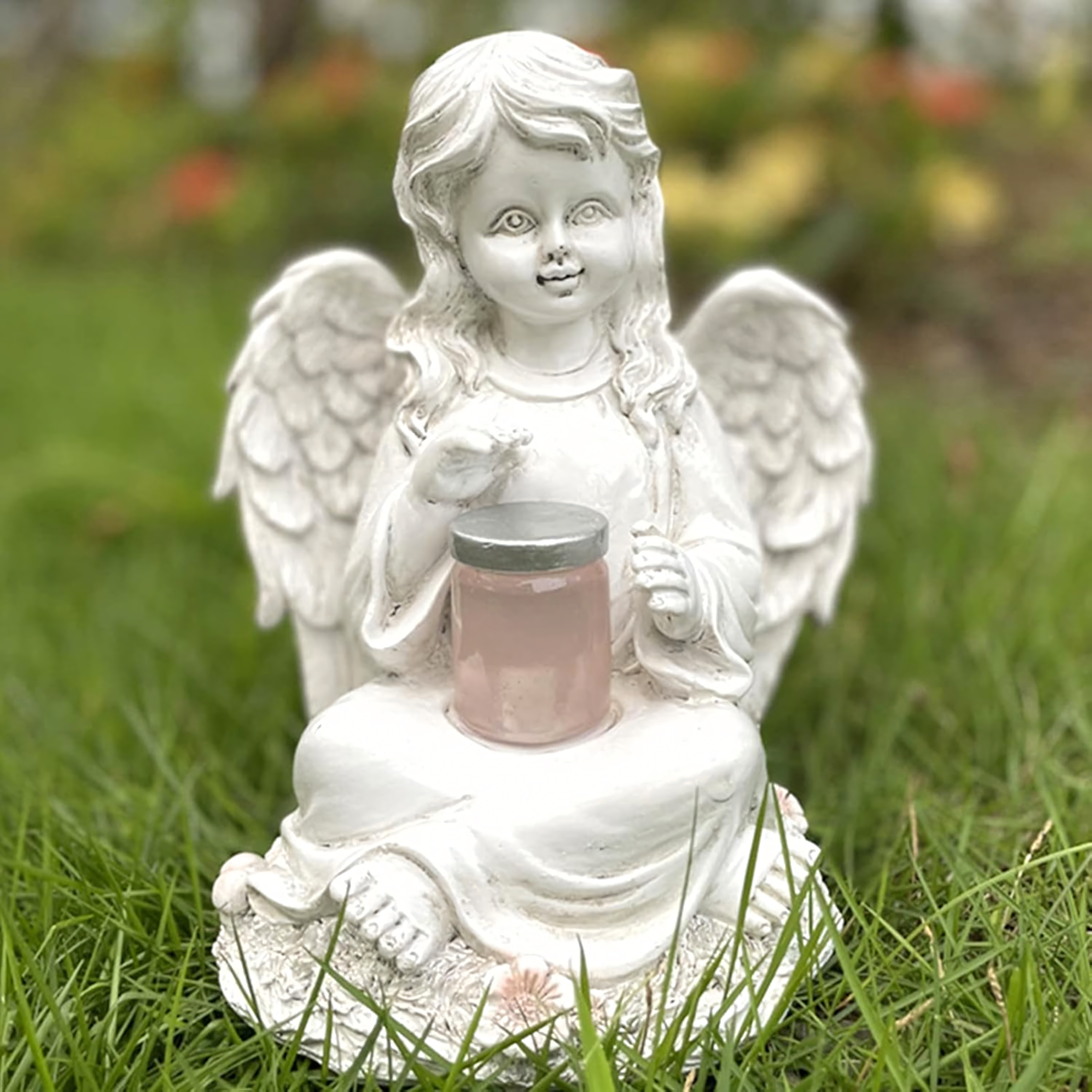 Figurka Świecznik Dekoracja Posążek Aniołek Solarny Led do Ogrodu na Grób 18cm - obrazek 5