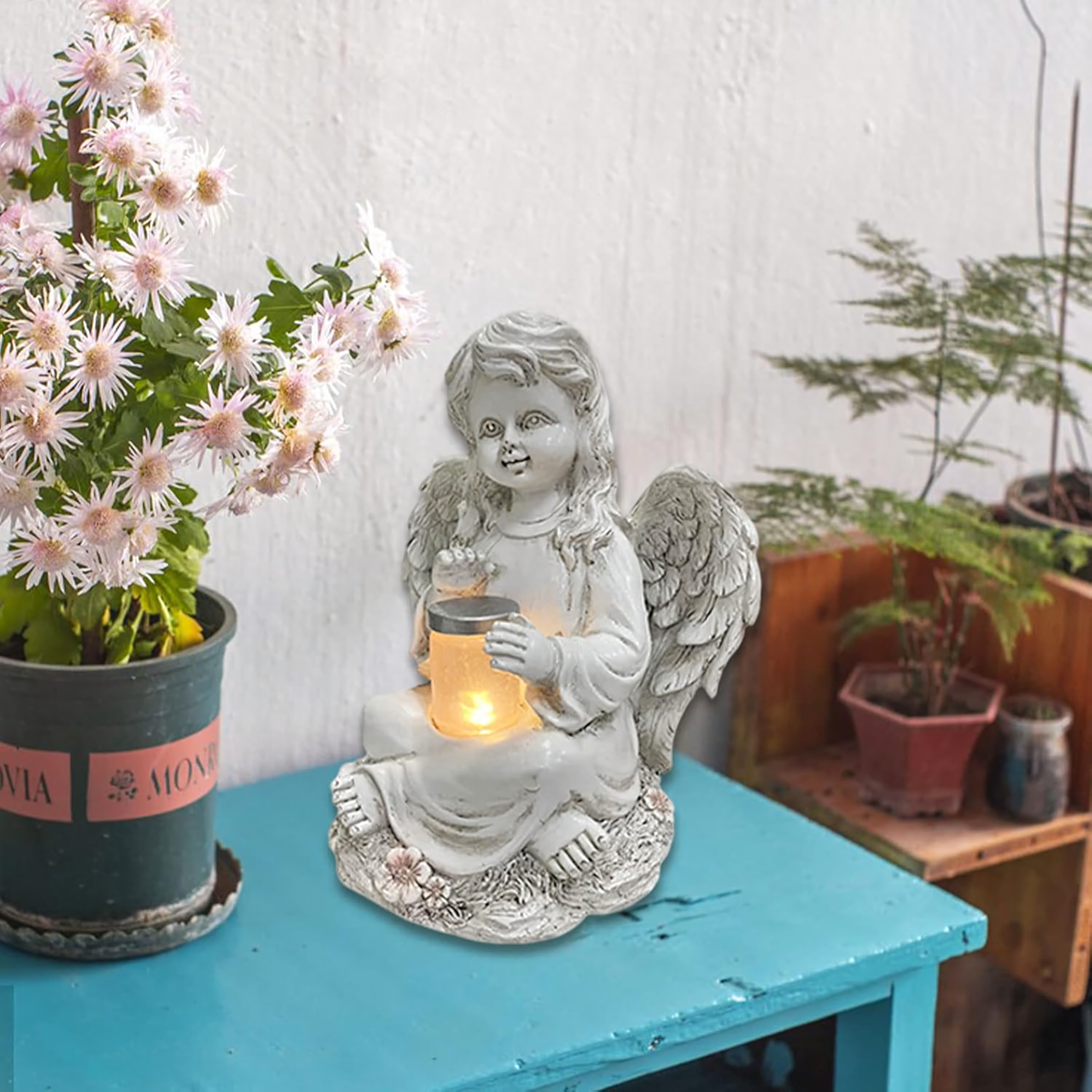 Figurka Świecznik Dekoracja Posążek Aniołek Solarny Led do Ogrodu na Grób 18cm - obrazek 9