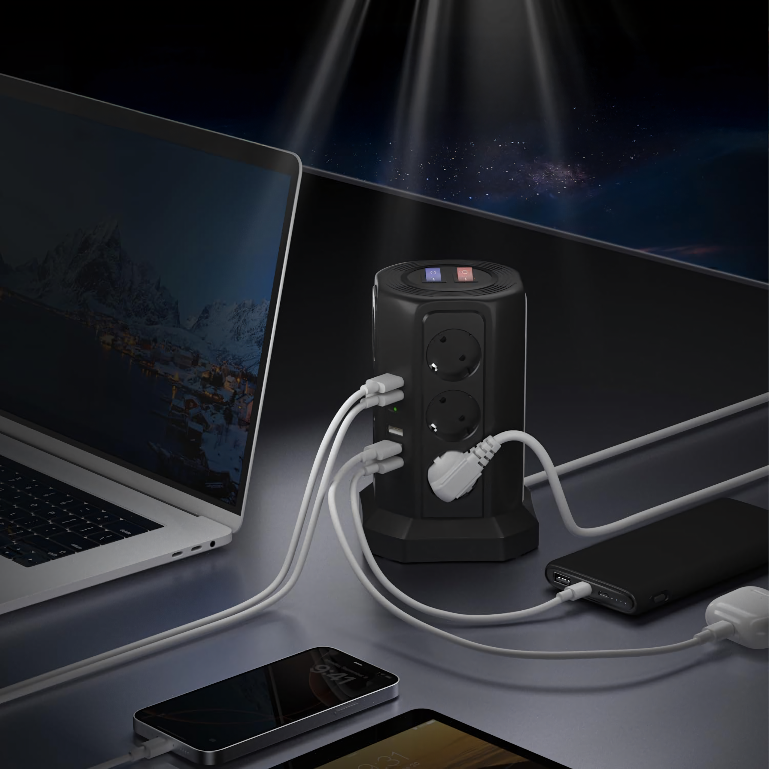 Listwa Zasilająca Stojąca Ochronna Odgromowa 12 Gniazd + 5 Portów Usb Reset - obrazek 3