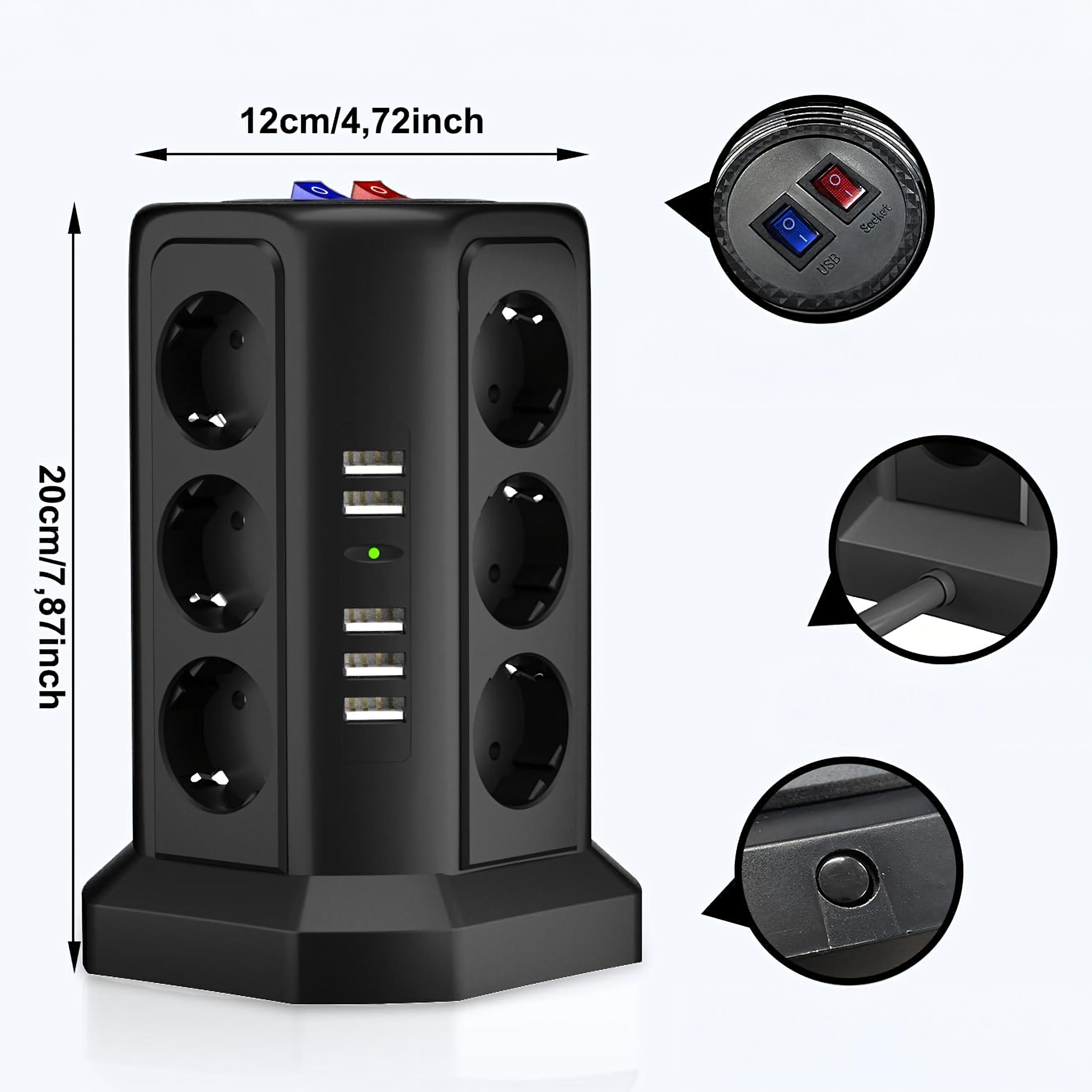 Listwa Zasilająca Stojąca Ochronna Odgromowa 12 Gniazd + 5 Portów Usb Reset - obrazek 7