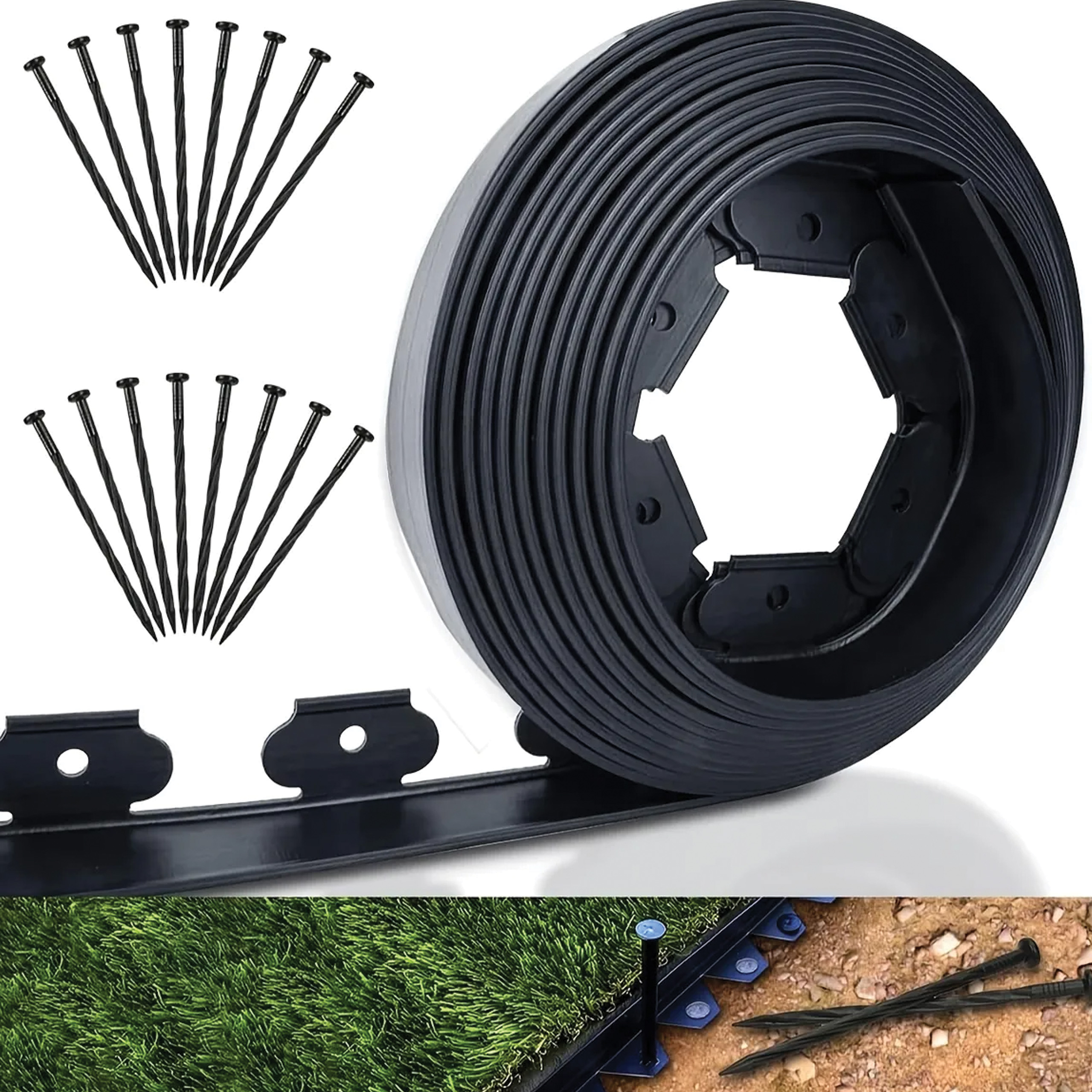 ZESTAW OBRZEŻE TRAWNIKOWE OGRODOWE 40x50x20m 30 KOŁKÓW KOTEW CZARNE - obrazek 3