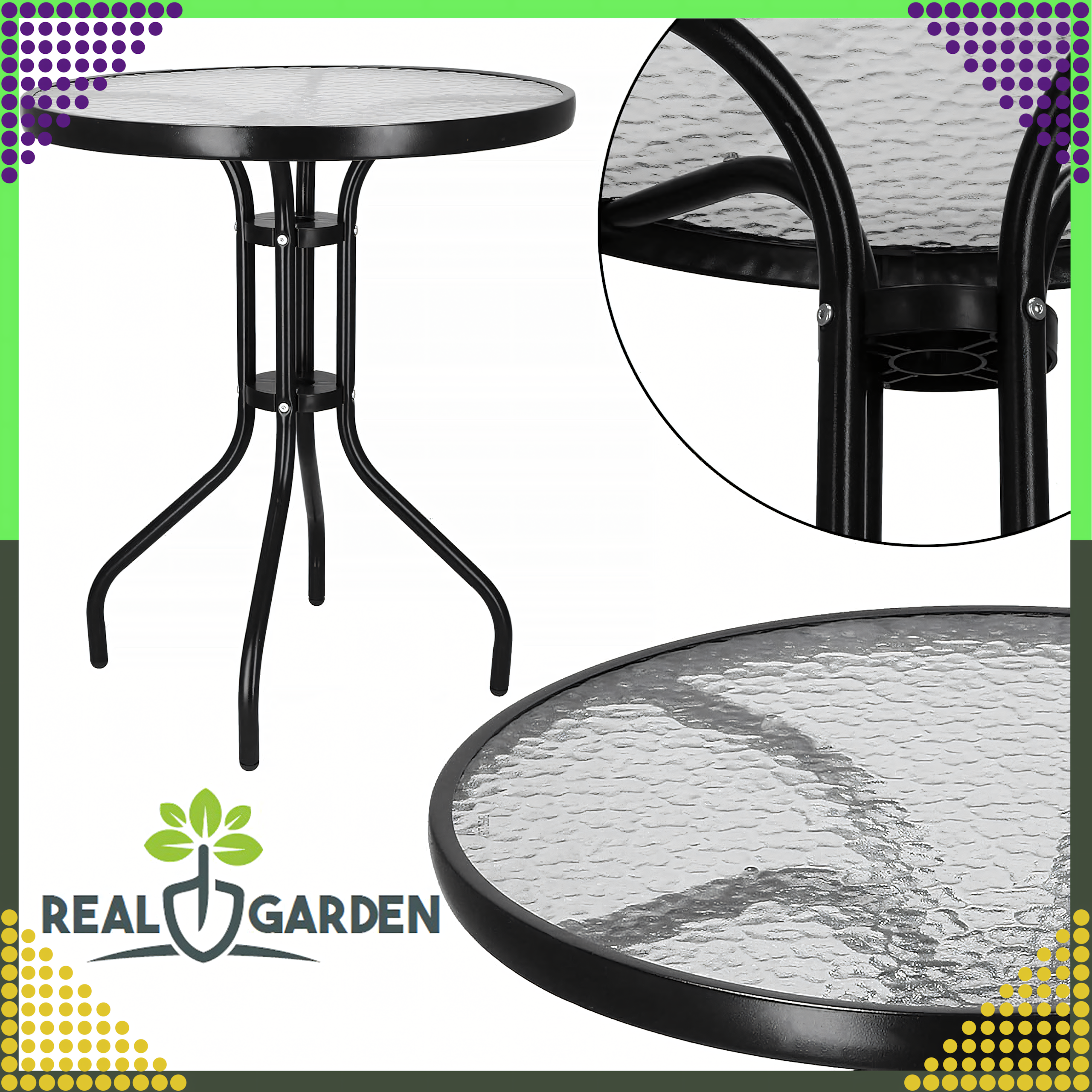 Stolik Szklany Hartowany Kawowy na Balkon Taras Patio Okrągły Czarny 60 cm - obrazek 4