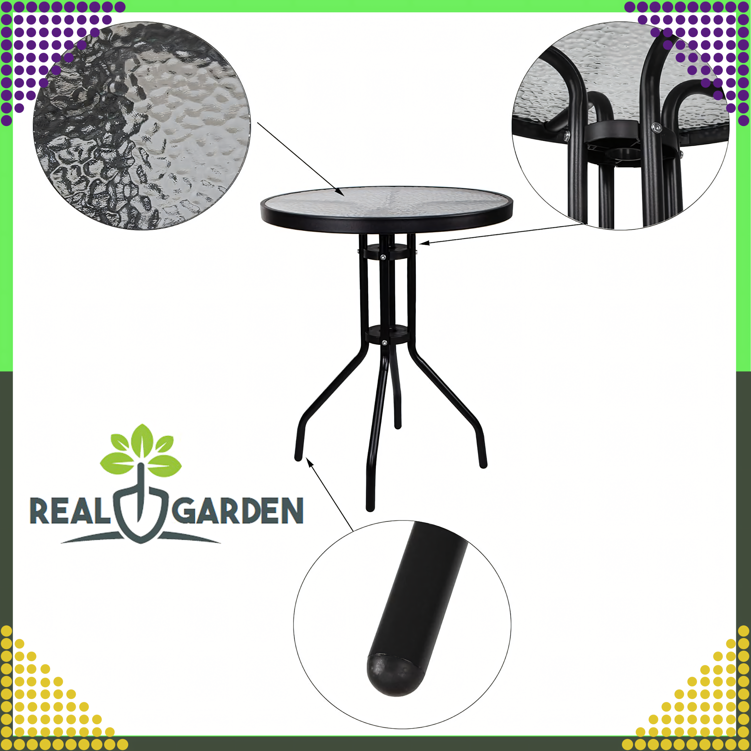 Stolik Szklany Hartowany Kawowy na Balkon Taras Patio Okrągły Czarny 60 cm - obrazek 7