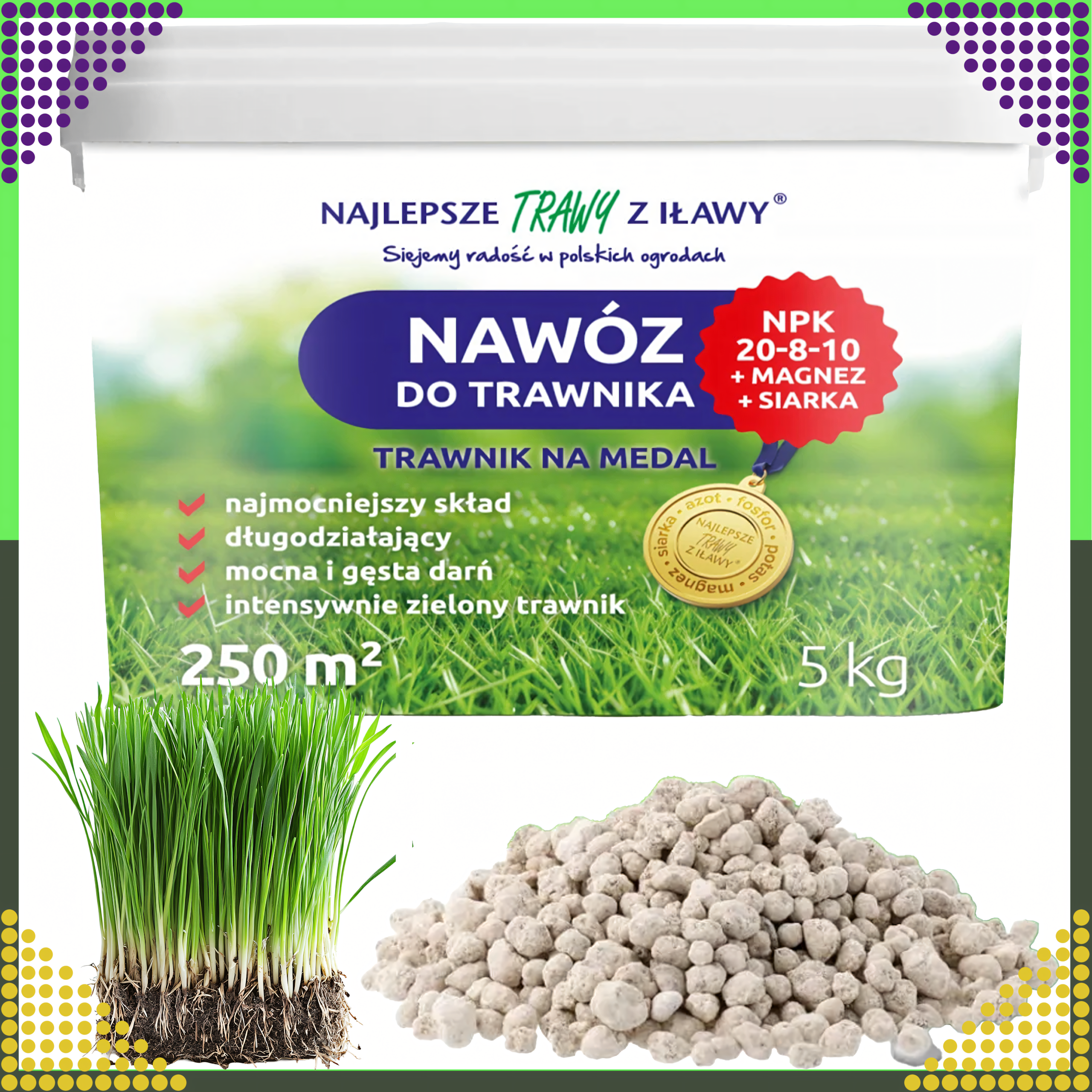 Nawóz do Trawnika Trawy Wieloskładnikowy NPK 20-8-10 Granulat 5 kg 250 m - obrazek 3