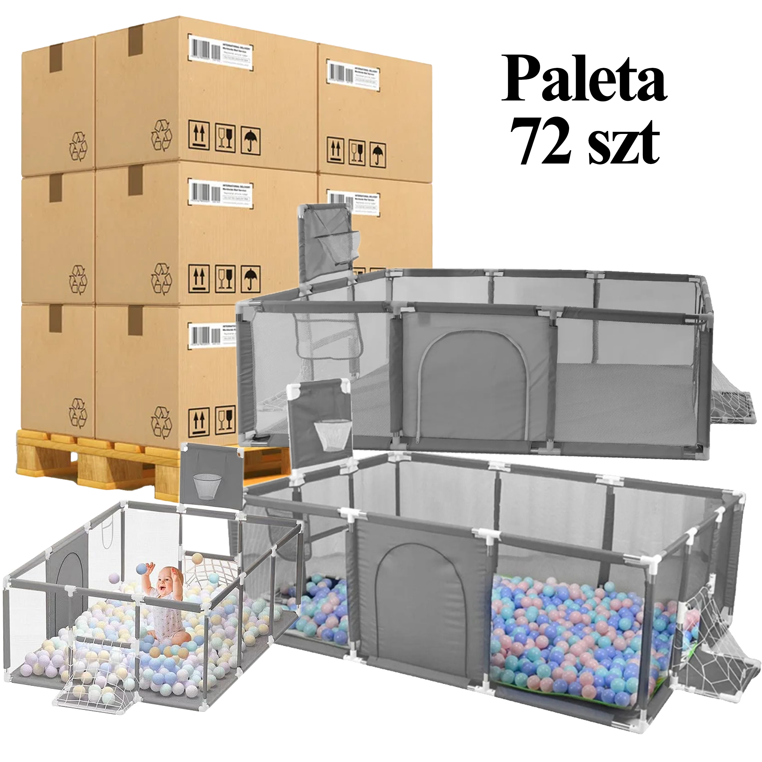 PALETA 72 SZT Kojec Dziecięcy Plac Zabaw Suchy Basen dla Dzieci 235x129cm Boisko Piłki