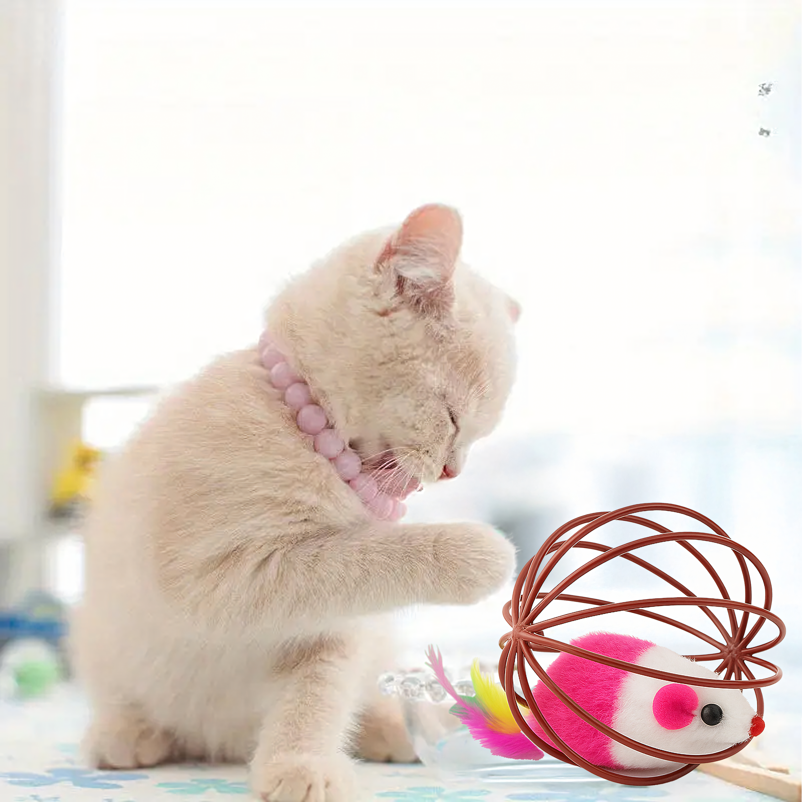 Zabawka Piłka dla Kota Interaktywna Myszka Piórka Grzechotka Kula Druciana - obrazek 5