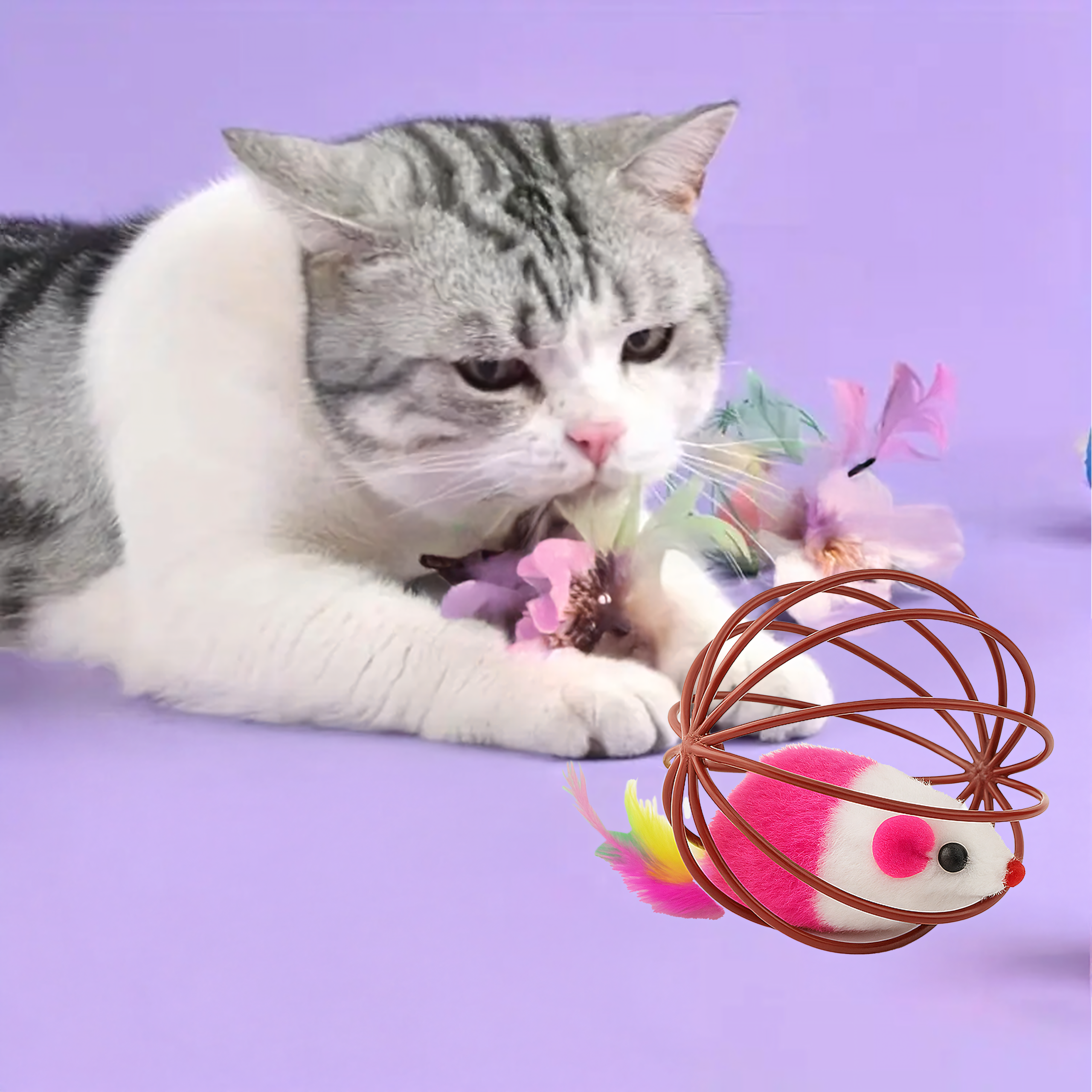 Zabawka Piłka dla Kota Interaktywna Myszka Piórka Grzechotka Kula Druciana - obrazek 7