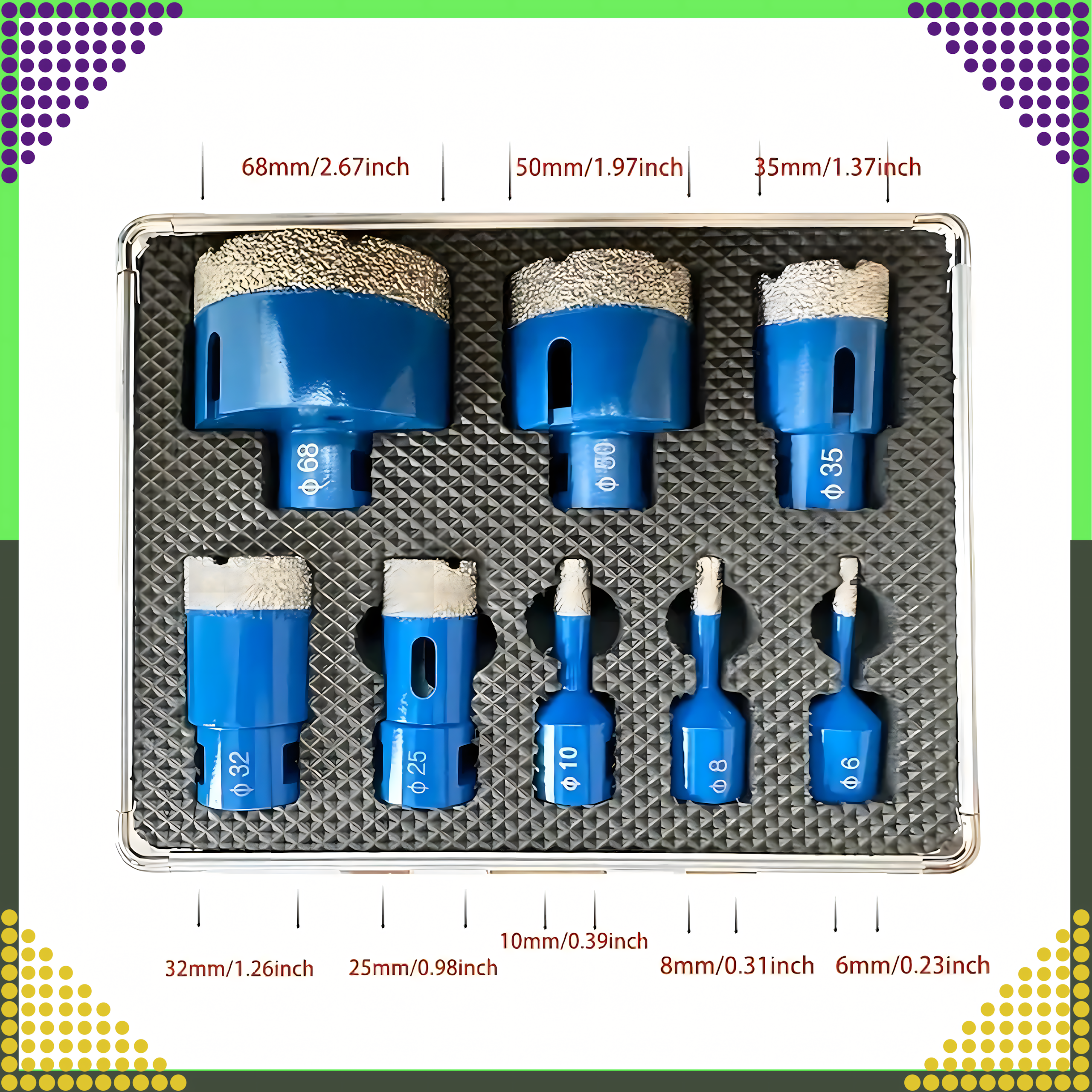 Zestaw Otwornic Koronki Wiertła Diamentowe do Gresu Płytek 6-68mm Walizka - obrazek 3
