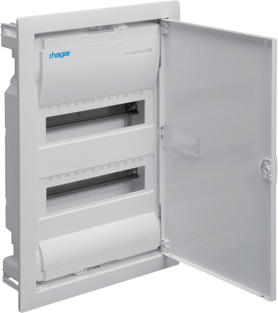 Rozdzielnica podtynkowa z drzwiami metalowymi, 2 rzędy, 24 moduły, IP30, QC, HAGER Volta VU24AT