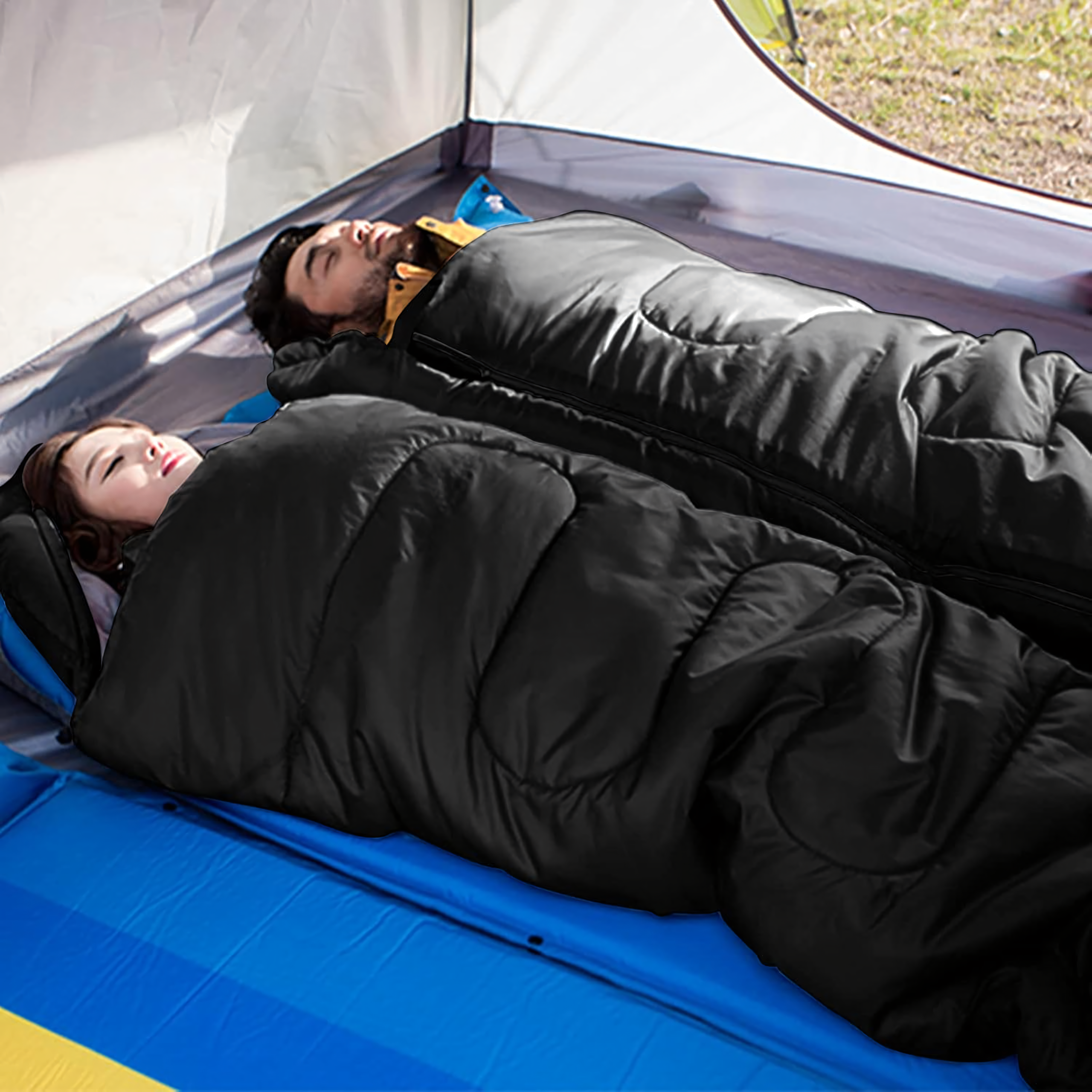 Śpiwór 2w1 Mumia Turystyczny Lekki Ciepły Kołdra Kaptur 210x75 cm Czarny 950g - obrazek 4