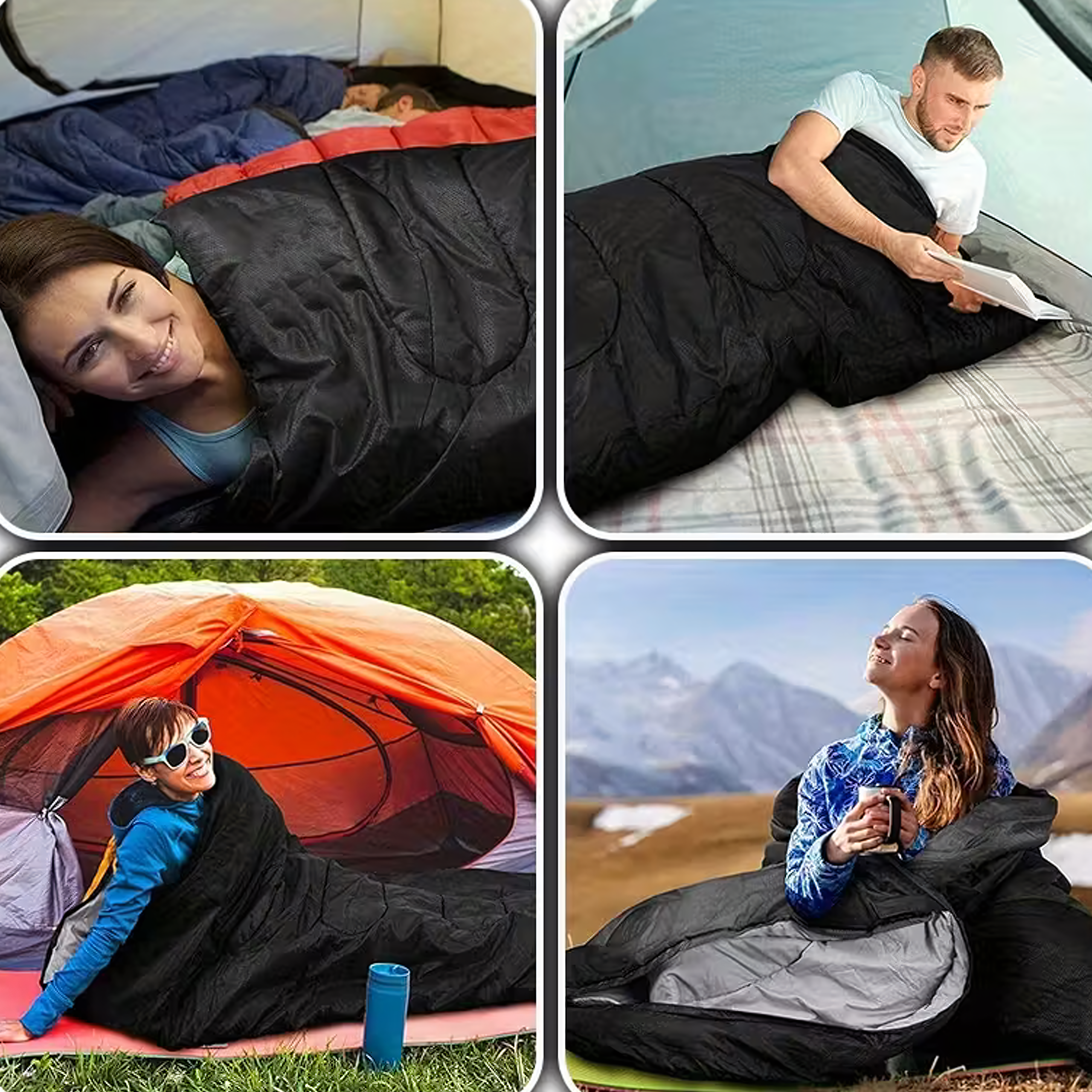 Śpiwór 2w1 Mumia Turystyczny Lekki Ciepły Kołdra Kaptur 210x75 cm Czarny 950g - obrazek 6