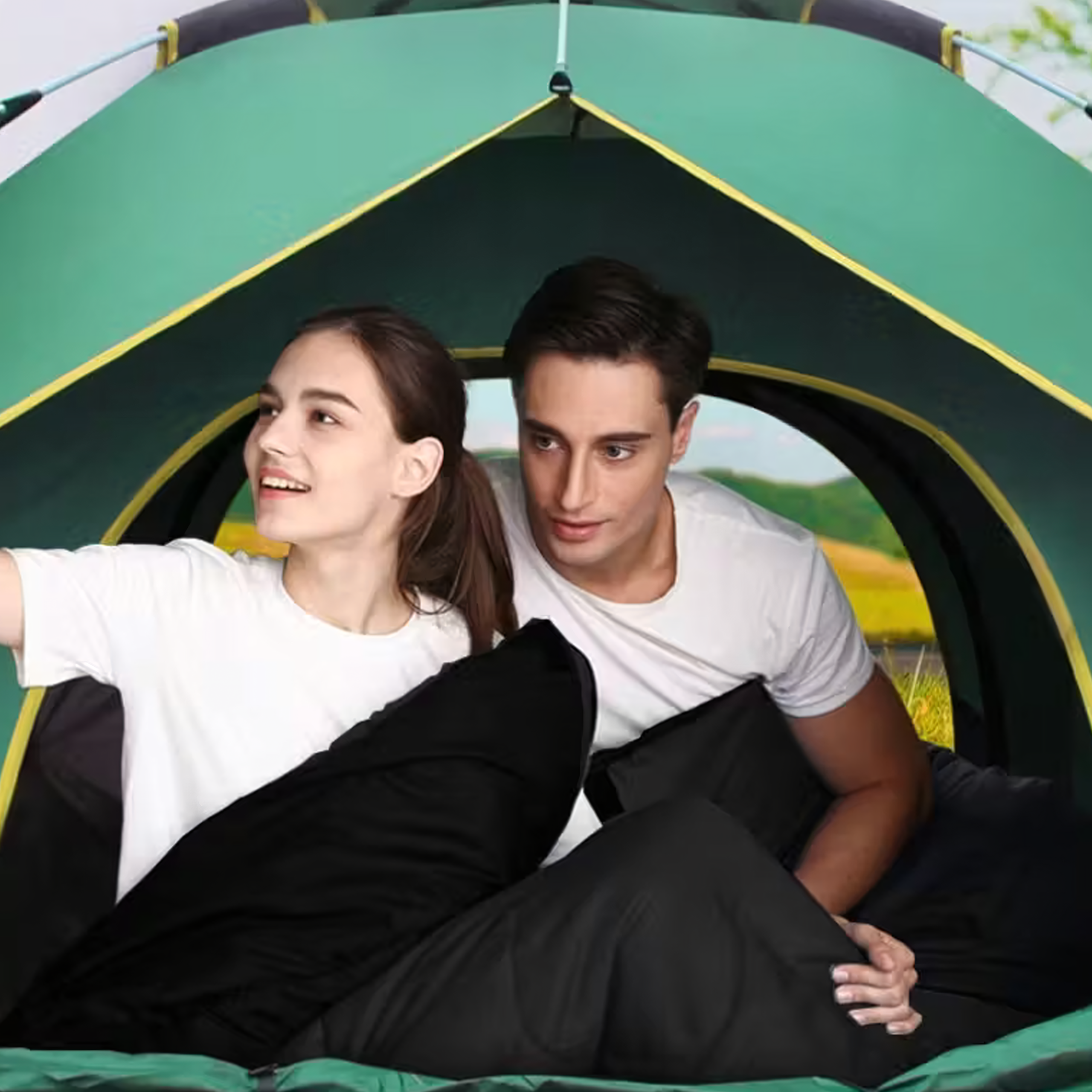 Śpiwór 2w1 Mumia Turystyczny Lekki Ciepły Kołdra Kaptur 210x75 cm Czarny 950g - obrazek 7