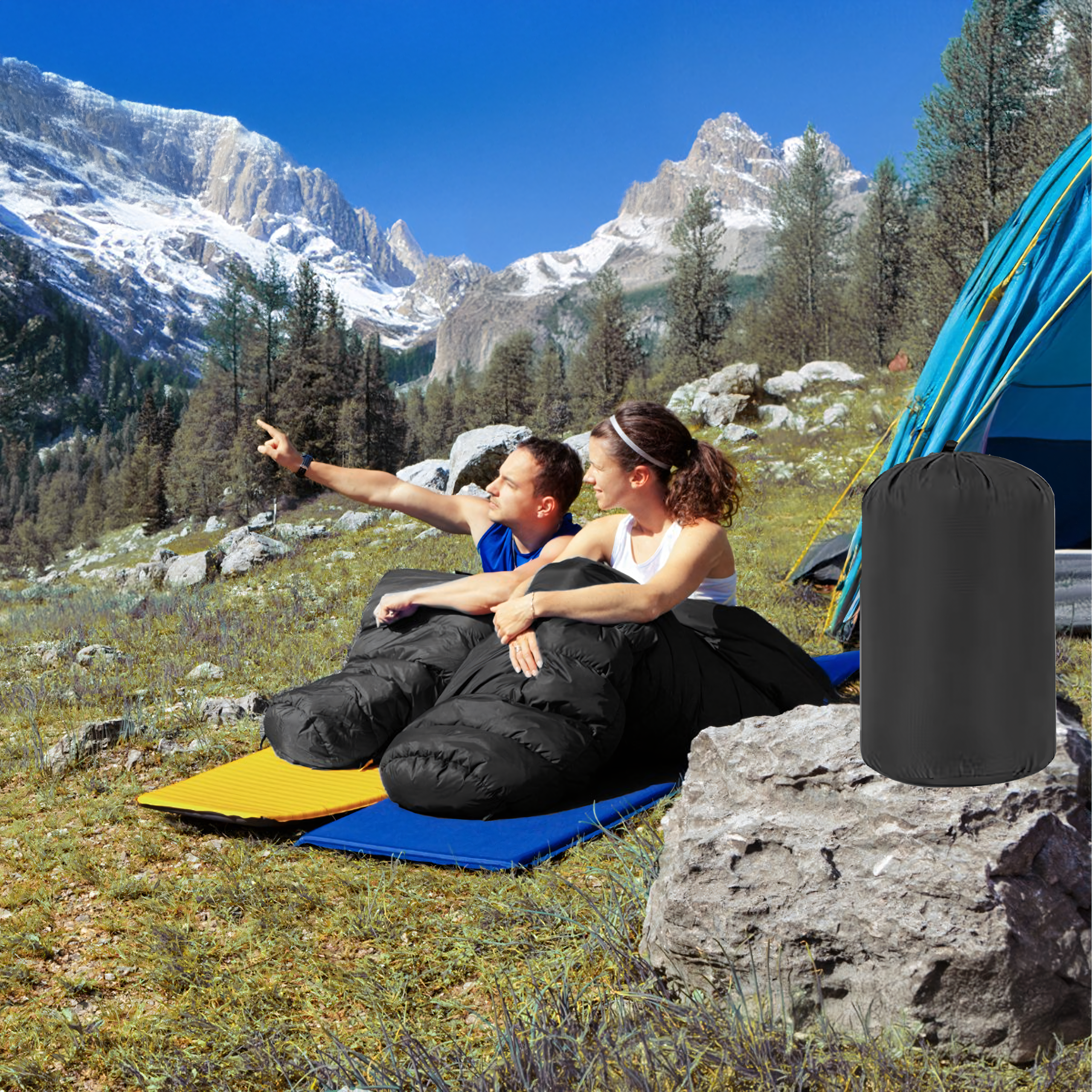 Śpiwór 2w1 Mumia Turystyczny Lekki Ciepły Kołdra Kaptur 210x75 cm Czarny 950g - obrazek 10