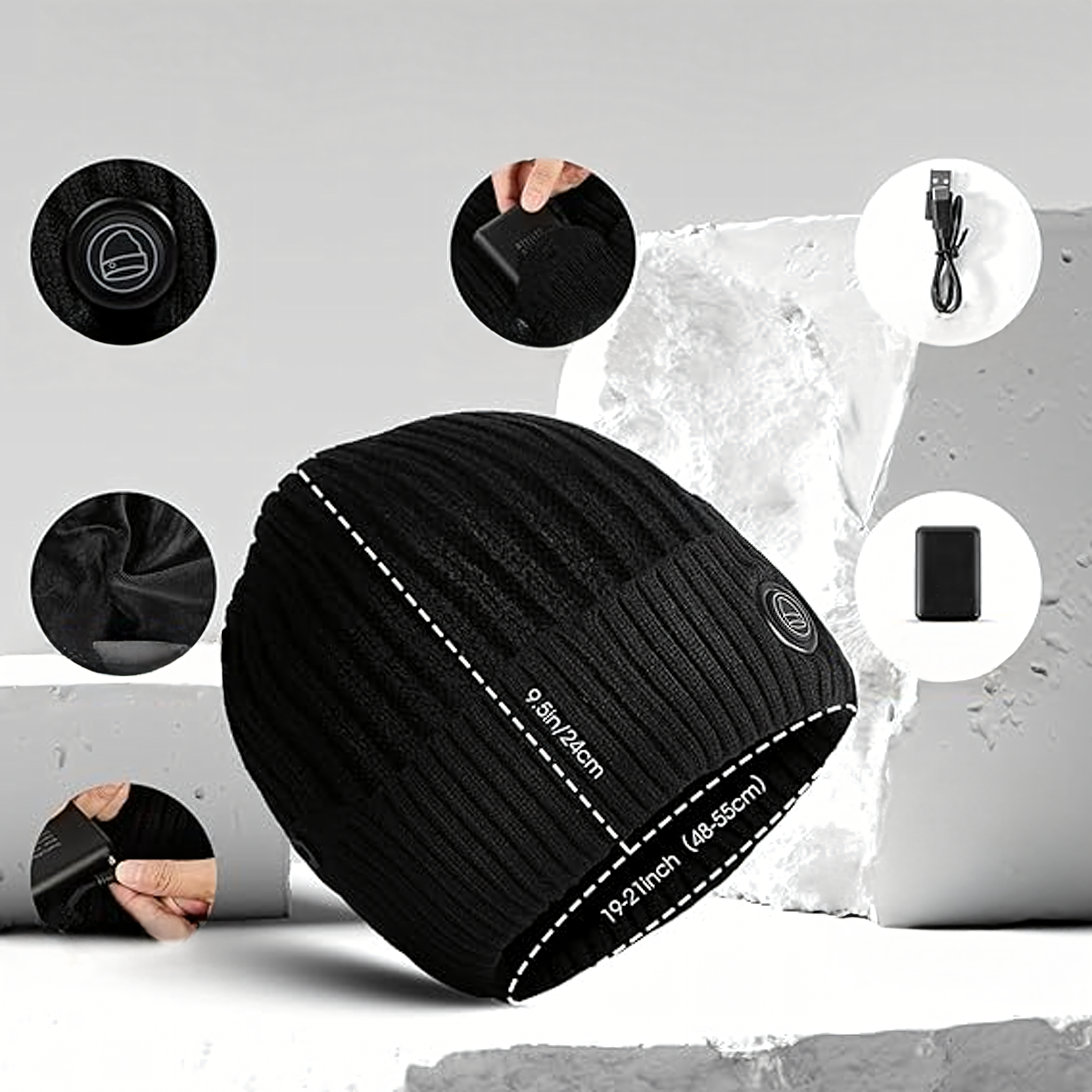 Czapka Grzewcza Beanie Ogrzewana Zimowa Ciepła Elektryczna + Powerbank - obrazek 6