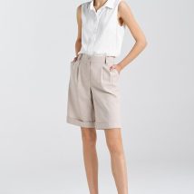 Krótkie lniane spodnie typu szorty SD86 Beige – Nife