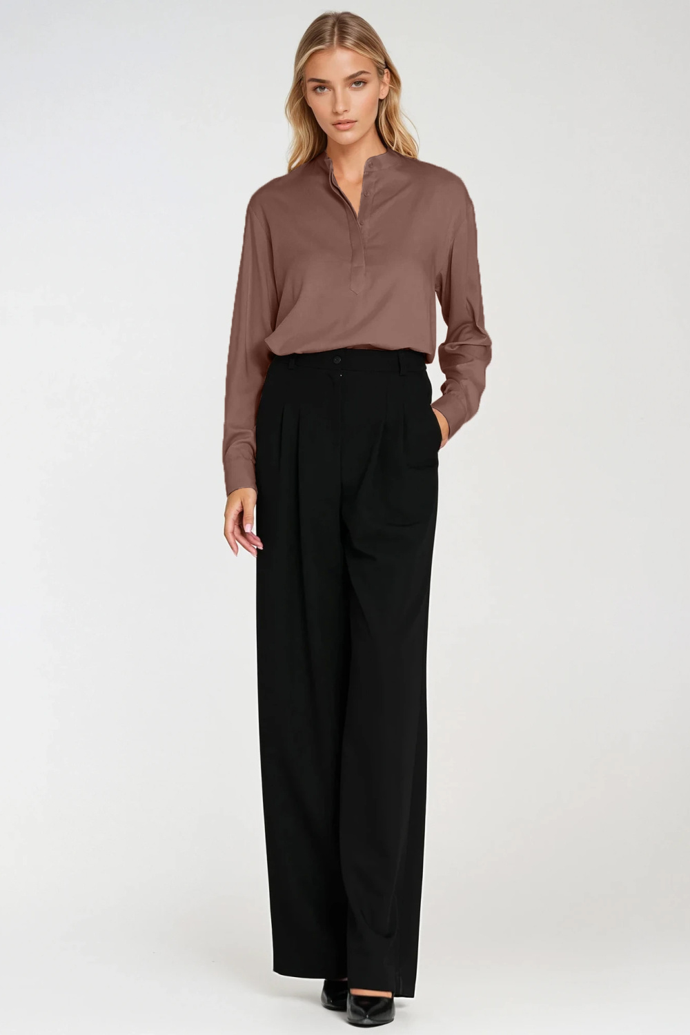 Wiskozowa bluzka polo ze stójką B194 Mocca - Nife - obrazek 3