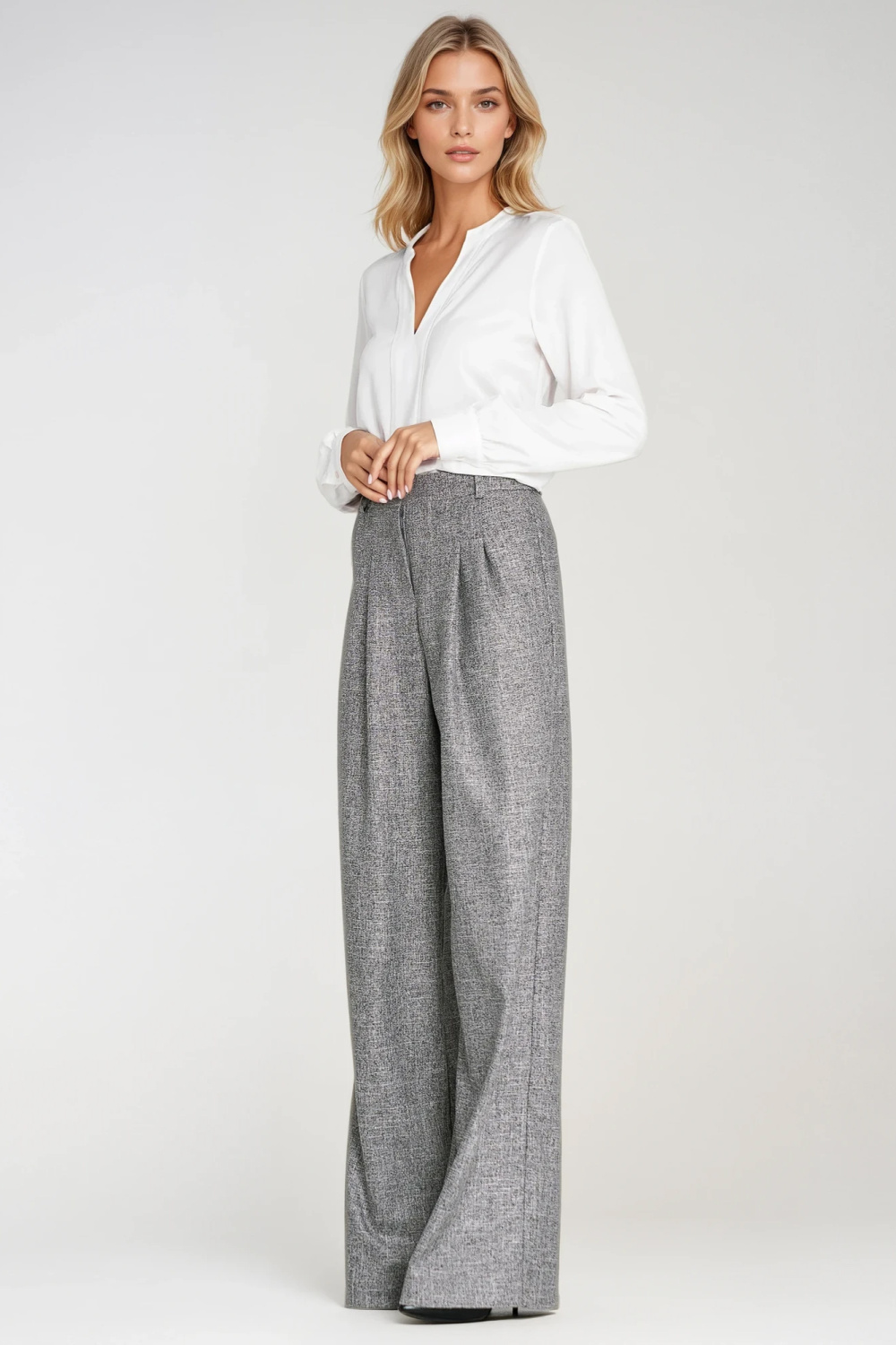 Spodnie z zakładkami wide leg SD116 Grey Melange - Nife - obrazek 5
