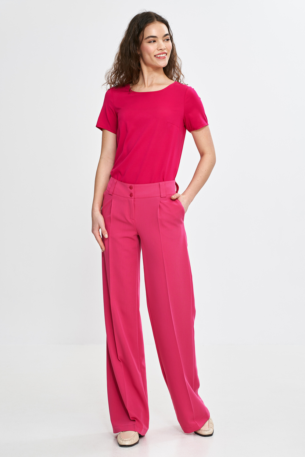 Spodnie wide leg z kantem SD112 Pink - Nife - obrazek 5