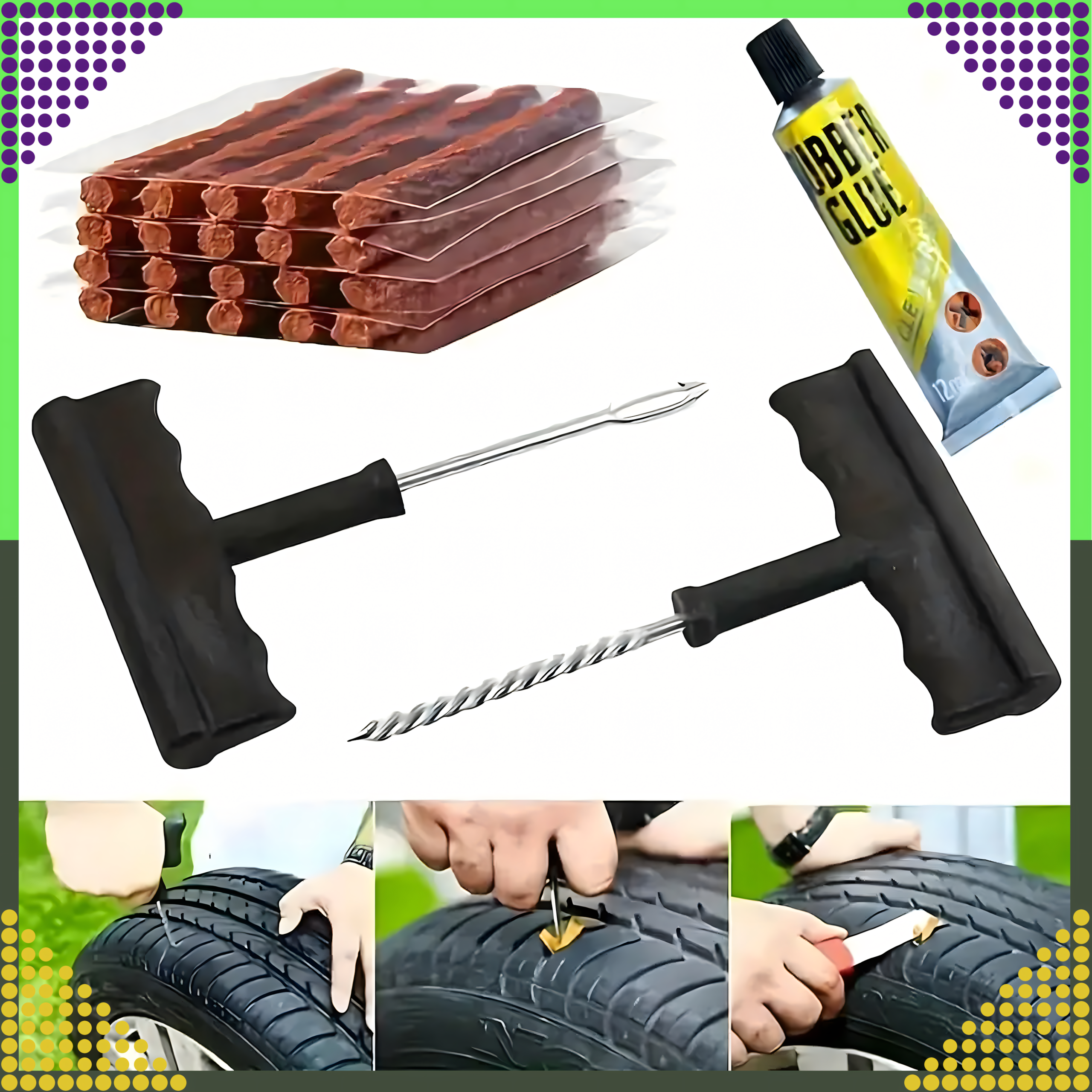 Zestaw Naprawczy do Opon Bezdętkowych Wiertło Szydło Klej 25 x Sznurki