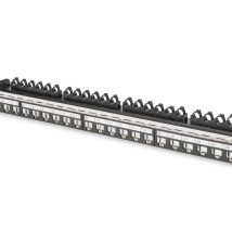 Panel krosowy high density 19″ 24x keystone, ekranowany, 0.5U, czarny, prowadnica kabli, pola opisowe