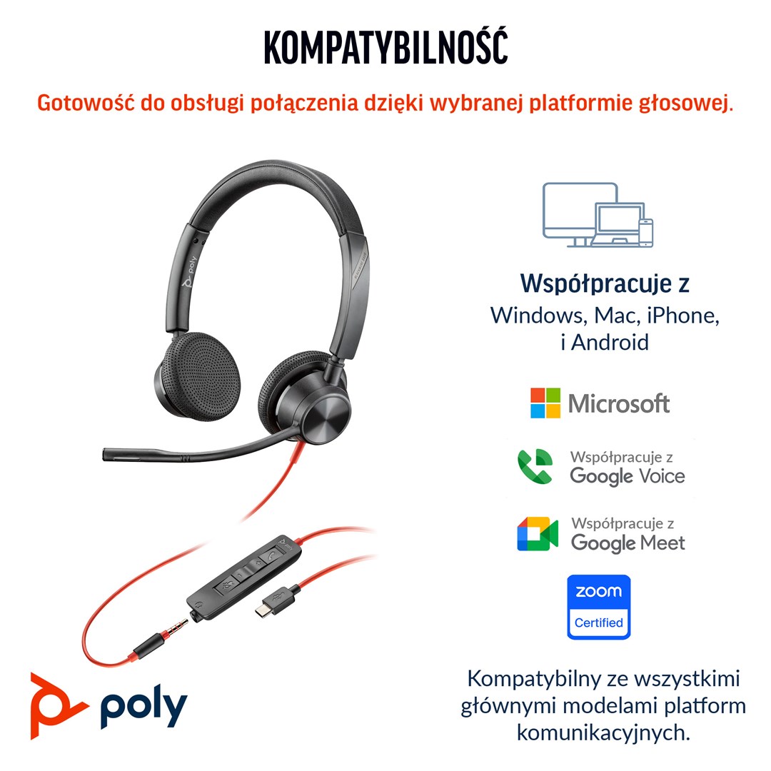Słuchawki przewodowe POLY Blackwire 3325 Stereo Microsoft Teams Certified USB-C Headset 3.5mm Plug USB-C/A Adapter Przewodowa Opaska na głowę Biuro/centrum telefoniczne USB Type-C - obrazek 4