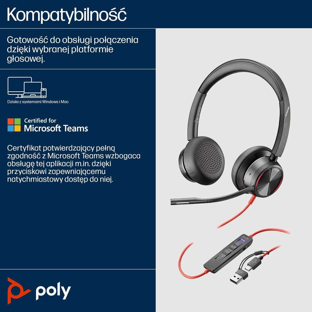 POLY Zestaw słuchawkowy Blackwire 8225 Stereo USB-C z certyfikatem Microsoft Teams + przejściówka USB-C/A