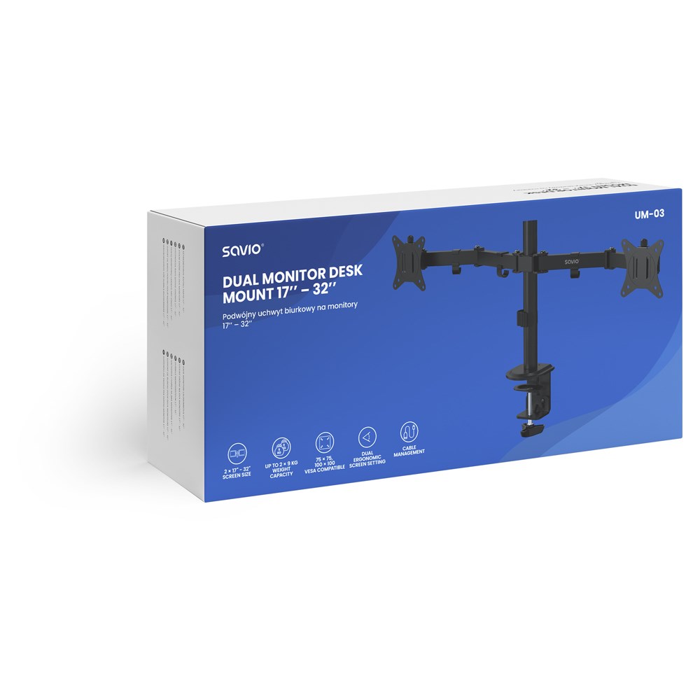 SAVIO PODWÓJNY UCHWYT BIURKOWY NA MONITORY 17" - 32" 2X 2 - 9 KG UM-03 - obrazek 3