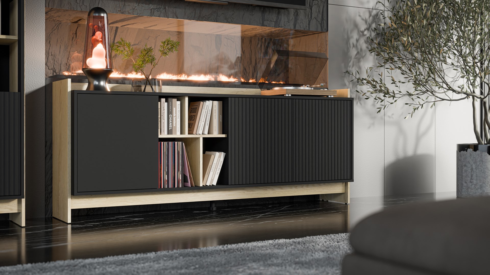 Komoda PORTO 3D 190x38x77 dąb/czarny - obrazek 4