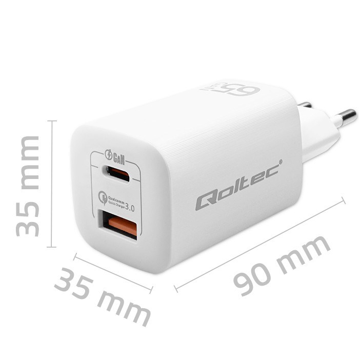 QOLTEC ŁADOWARKA SIECIOWA 65W GAN ULTRA | 5-20V | 2.25-3.25A | 1 X USB TYP C PD | 1 X USB QC 3.0 | BIAŁA - obrazek 4