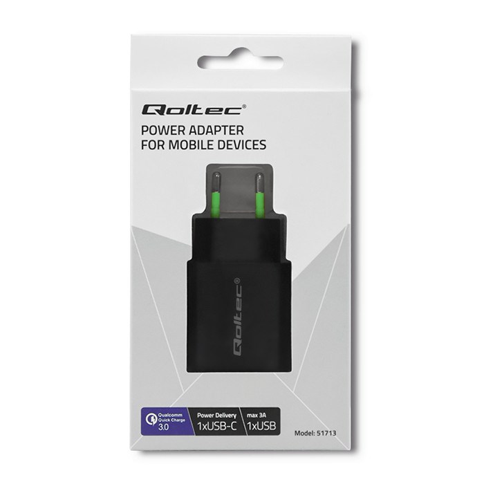 QOLTEC ŁADOWARKA SIECIOWA 18W | 5-12V | 1.5-3A | USB TYP C PD | USB QC 3.0 | CZARNA - obrazek 3