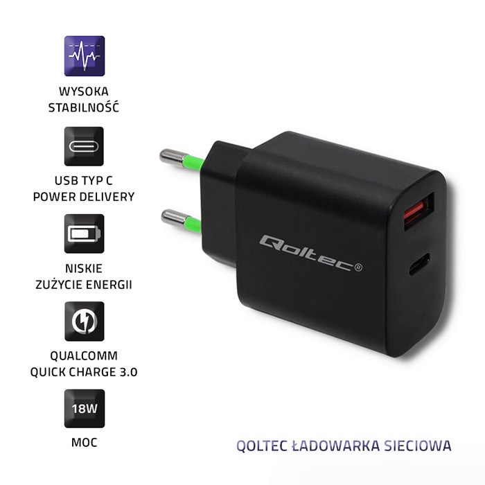 QOLTEC ŁADOWARKA SIECIOWA 18W | 5-12V | 1.5-3A | USB TYP C PD | USB QC 3.0 | CZARNA - obrazek 4