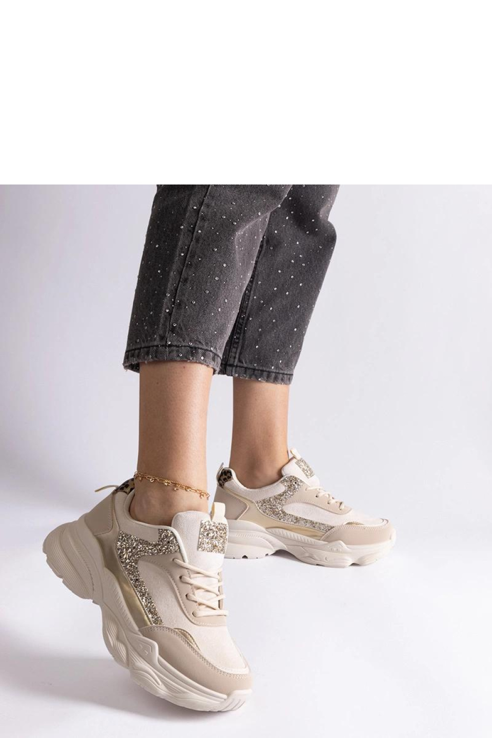 Beżowe sneakersy z brokatowymi wstawkami Clorinda - Solea - obrazek 4