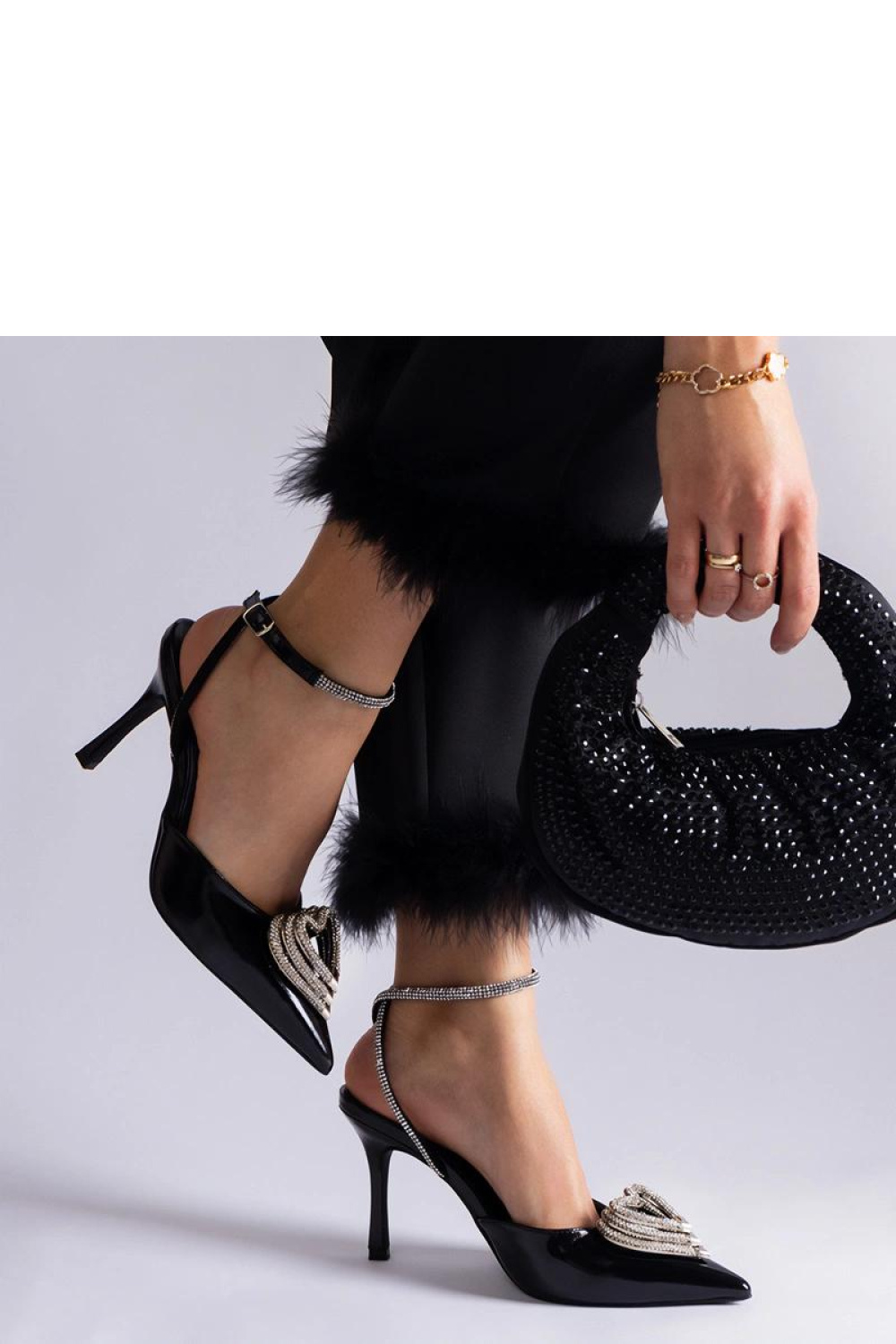 Czarne szpilki z odkrytą pięta zdobione cyrkoniami Isoda - Solea - obrazek 7