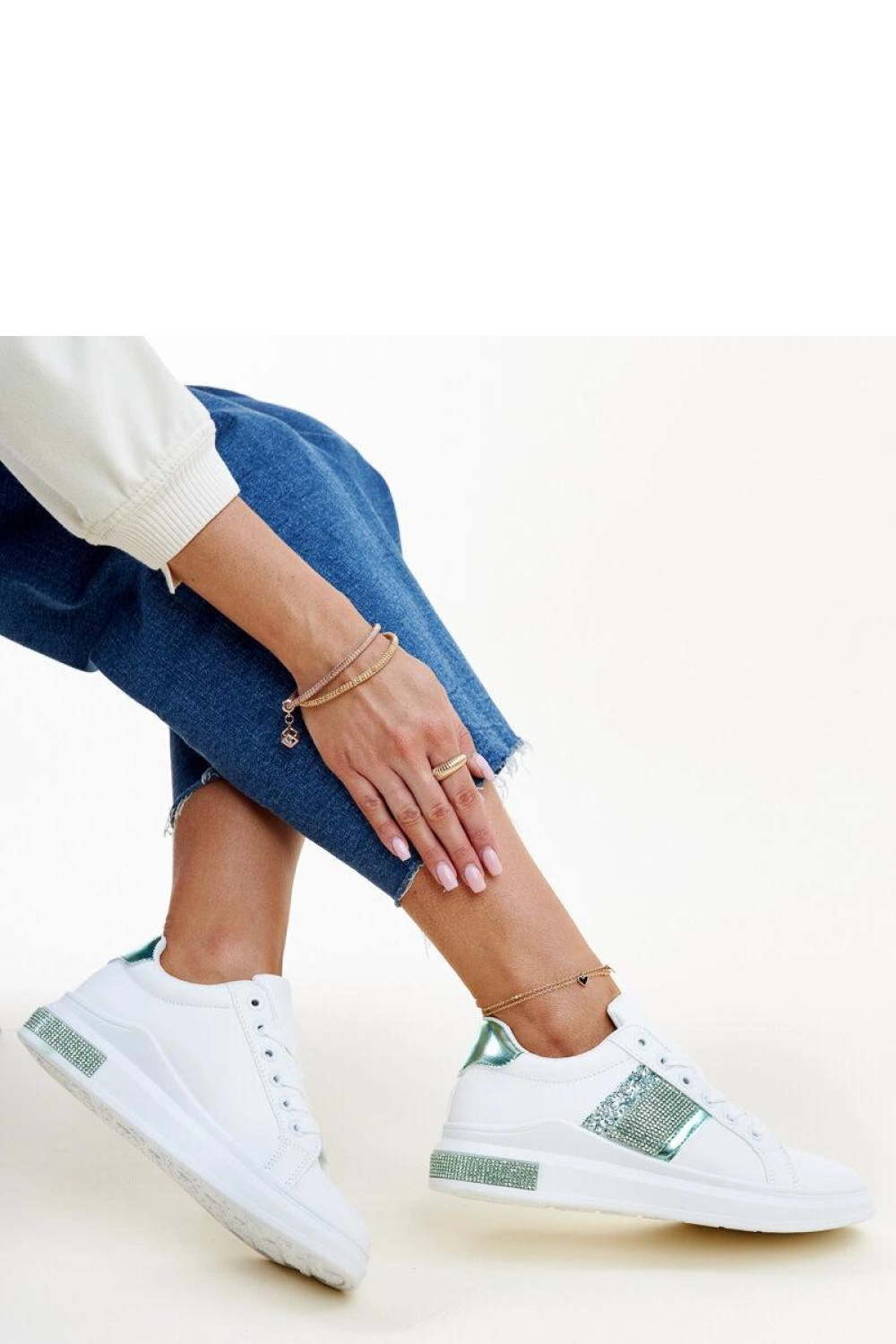 Biało-zielone sneakersy z cyrkoniami Giulia - Solea - obrazek 2