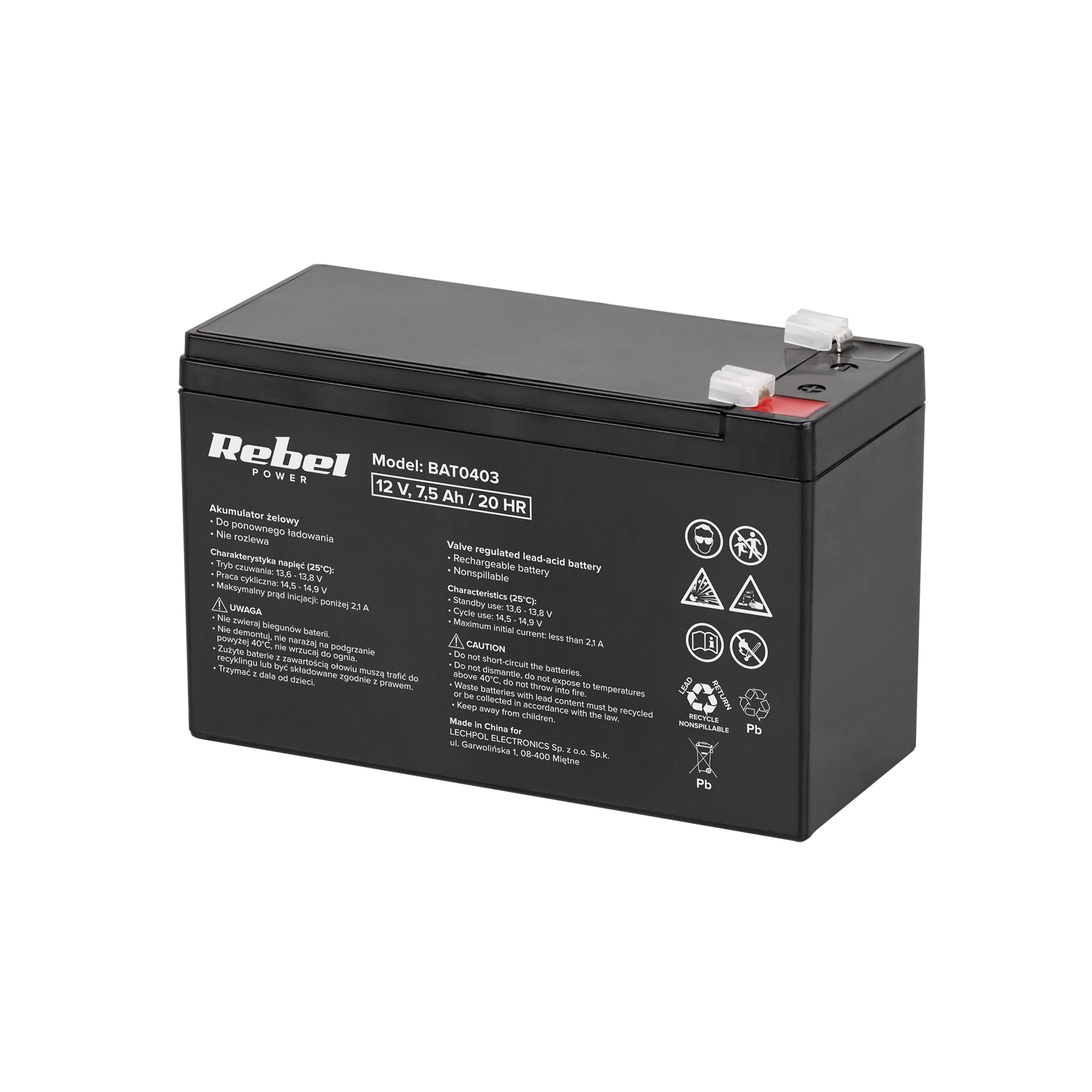 Akumulator żelowy Rebel 12V 7,5Ah