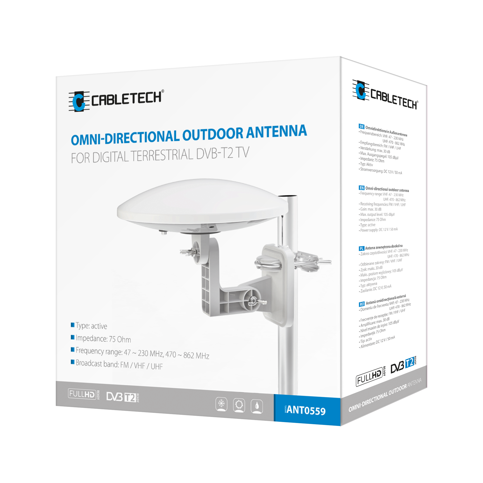 Antena zewnętrzna dookólna do cyfrowej telewizji naziemnej DVB-T2 Cabletech model ANT0559 - obrazek 4