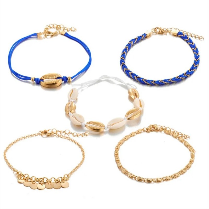 Zestaw bransoletek na stopę 5w1 niebieskie plecione muszelki B515 - obrazek 2