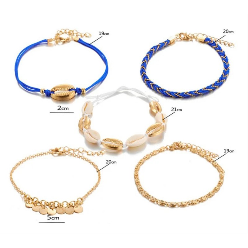 Zestaw bransoletek na stopę 5w1 niebieskie plecione muszelki B515 - obrazek 4