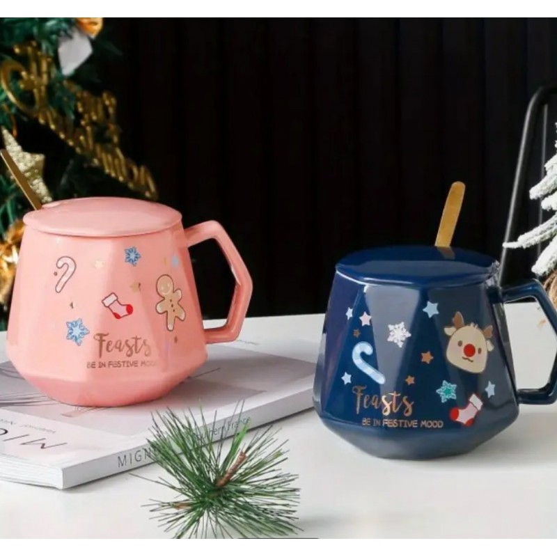 KUBEK ŚWIĄTECZNY - zestaw w pudełku z pokrywką i łyżeczką 225 ml, różowy KB08R - obrazek 2