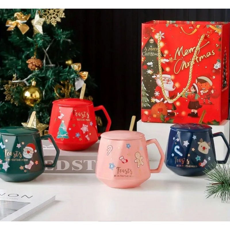 KUBEK ŚWIĄTECZNY - zestaw w pudełku z pokrywką i łyżeczką 225 ml, różowy KB08R - obrazek 3