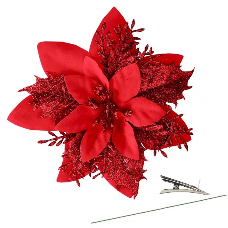 Kwiat na choinkę z klipsem BOŻE NARODZENIE XXL 14 cm brokat czerwony WOZ04CZE - obrazek 4