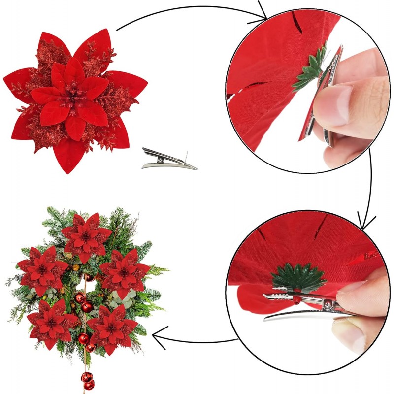 Kwiat na choinkę z klipsem BOŻE NARODZENIE XXL 14 cm brokat czerwony WOZ04CZE - obrazek 5