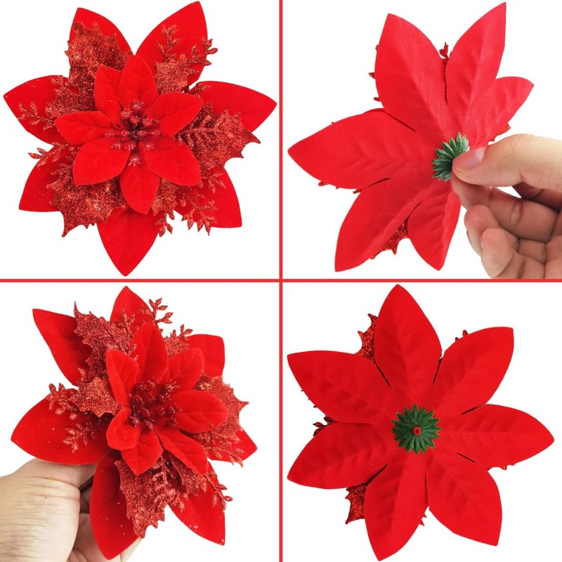 Kwiat na choinkę z klipsem BOŻE NARODZENIE XXL 14 cm brokat czerwony WOZ04CZE - obrazek 6