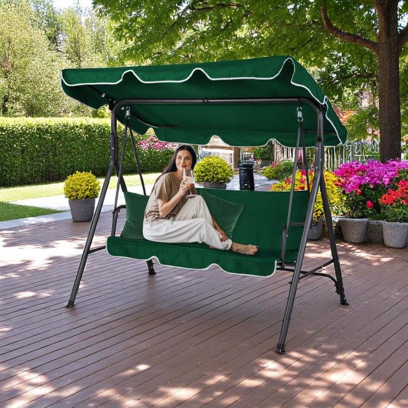 Huśtawka ogrodowa 3-osobowa z baldachimem i 2 poduszkami, zielona HO01ZIE - obrazek 2